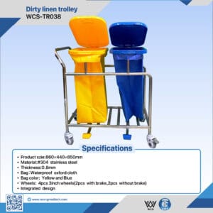 Yellow and blue medical linen trolleys for hospital use, stainless steel, waterproof Oxford cloth bags.