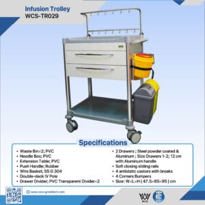 Stainless steel medical infusion trolley for hospital use with drawers and wheels.