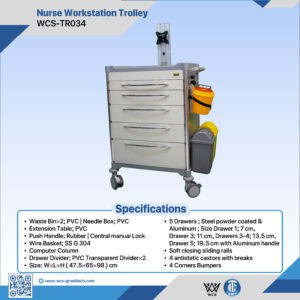 Nurse workstation trolley with multiple drawers and medical storage, ideal for hospital clinical use.