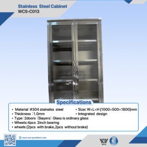 Stainless steel medical cabinet for clinical storage and sterilization rooms.