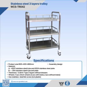 Stainless steel 3-layer medical trolley with wheels for hospital and clinical use.