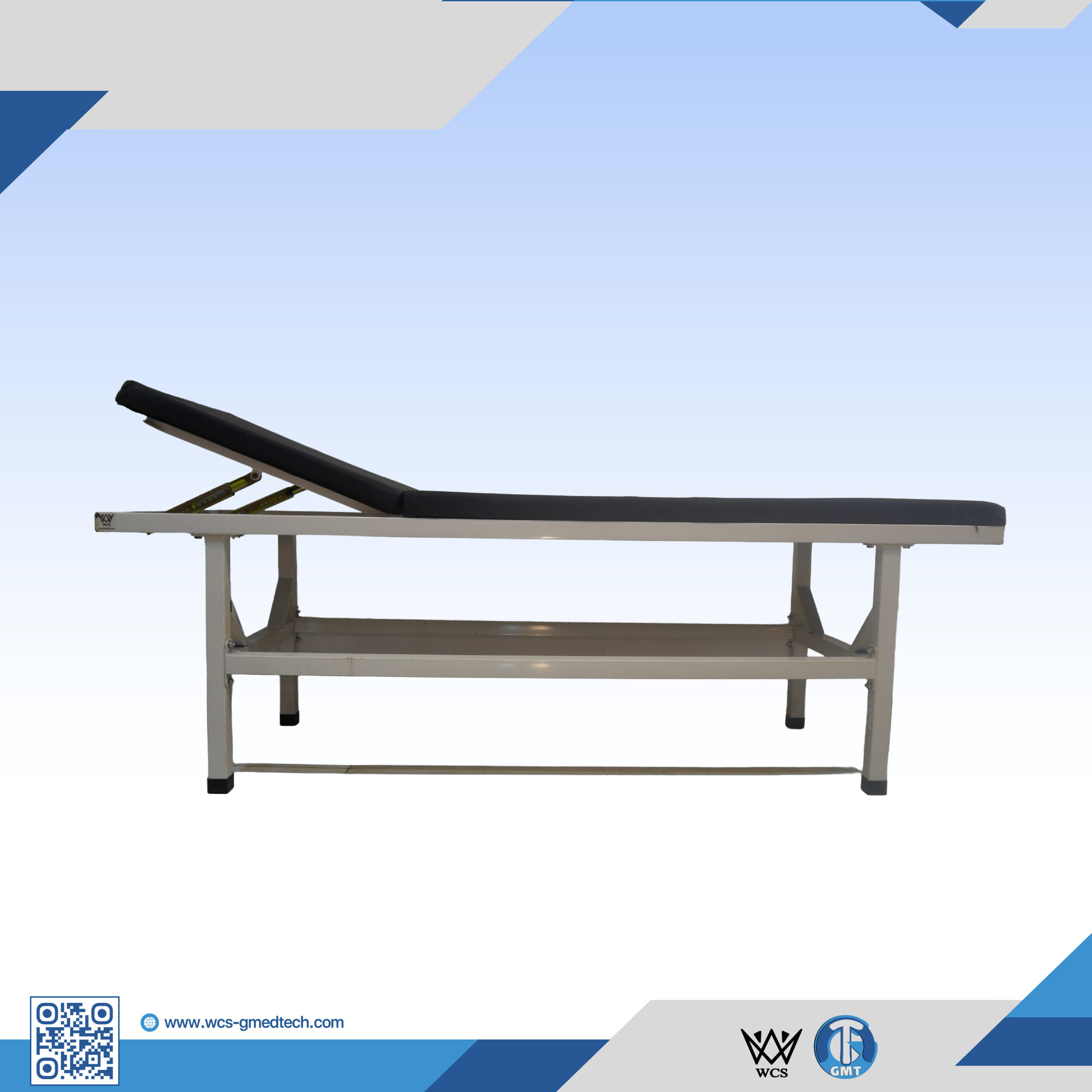 Medical examination table with adjustable backrest for healthcare settings.