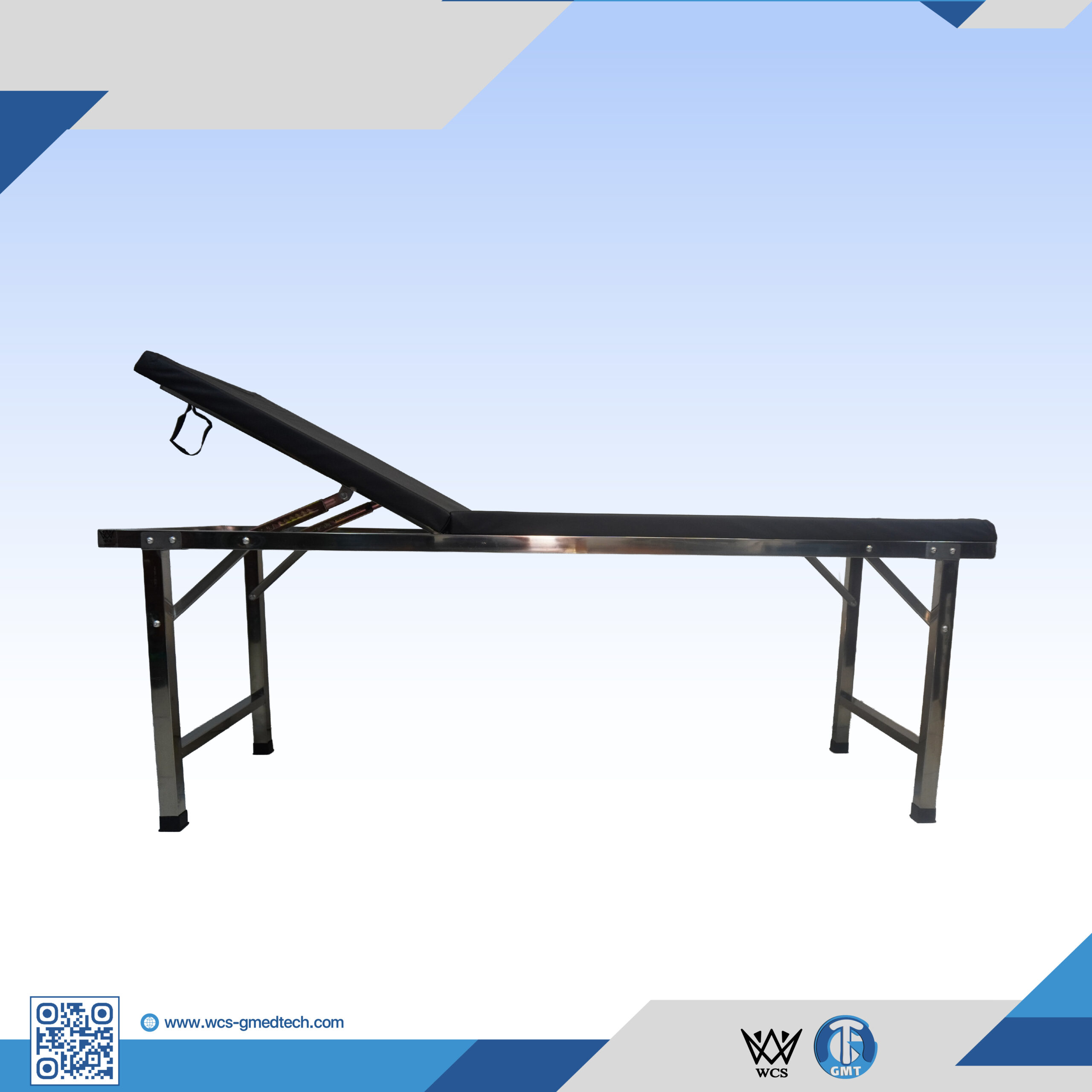 Stainless steel medical examination table with adjustable backrest for clinics and hospitals.