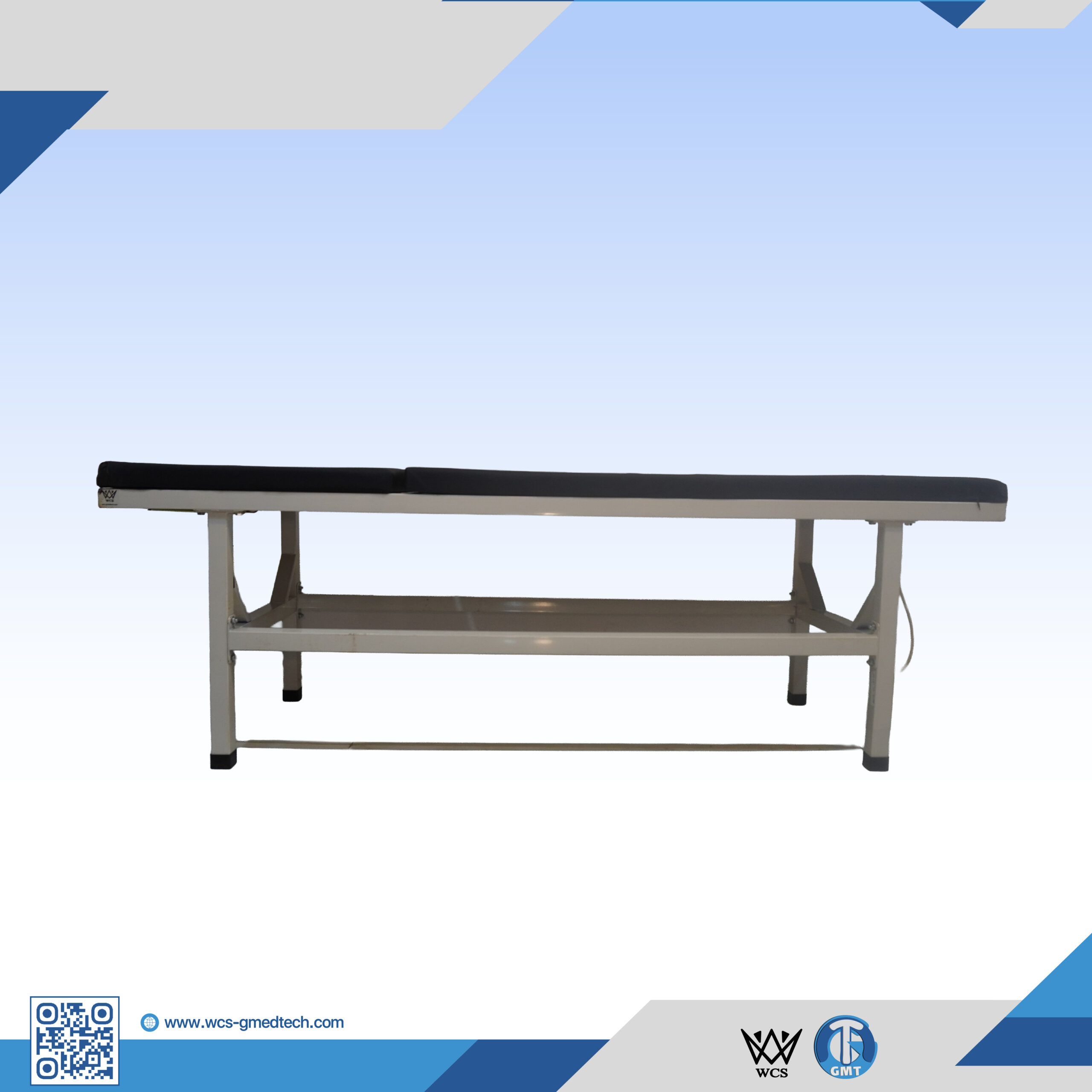 Medical examination table for clinical use, sturdy and adjustable.