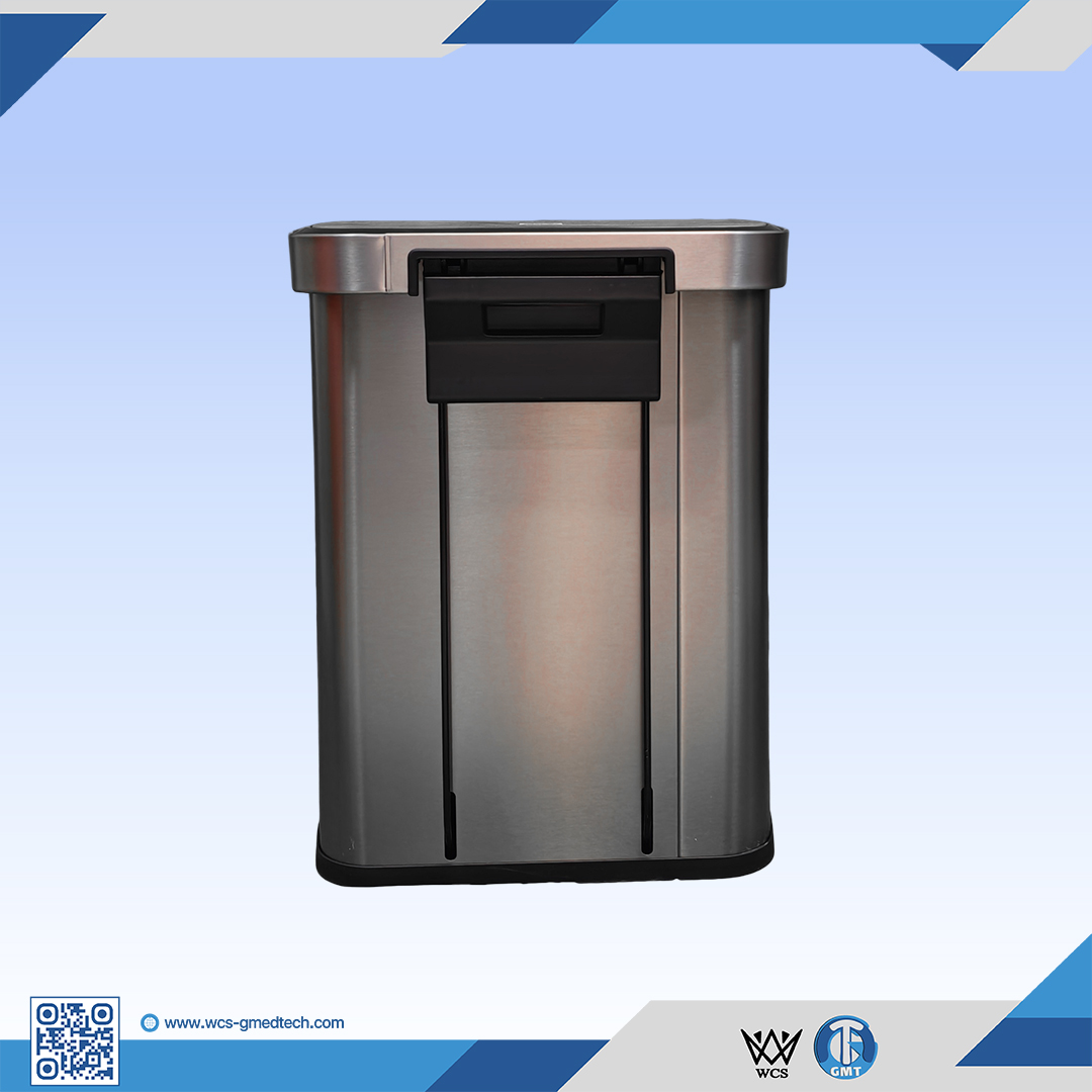 Stainless steel trash bin for waste disposal in medical facilities.