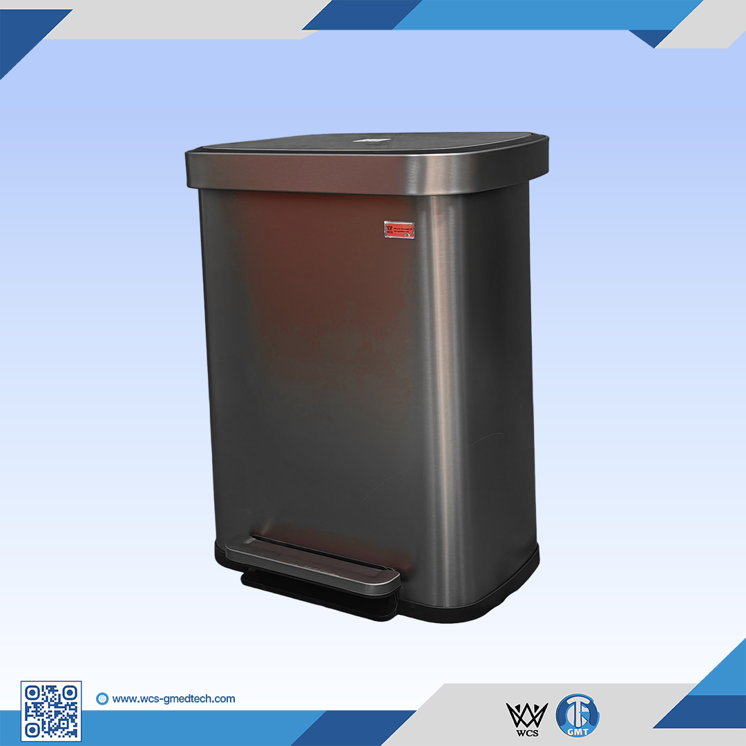 Stainless steel medical waste disposal bin for healthcare facilities.