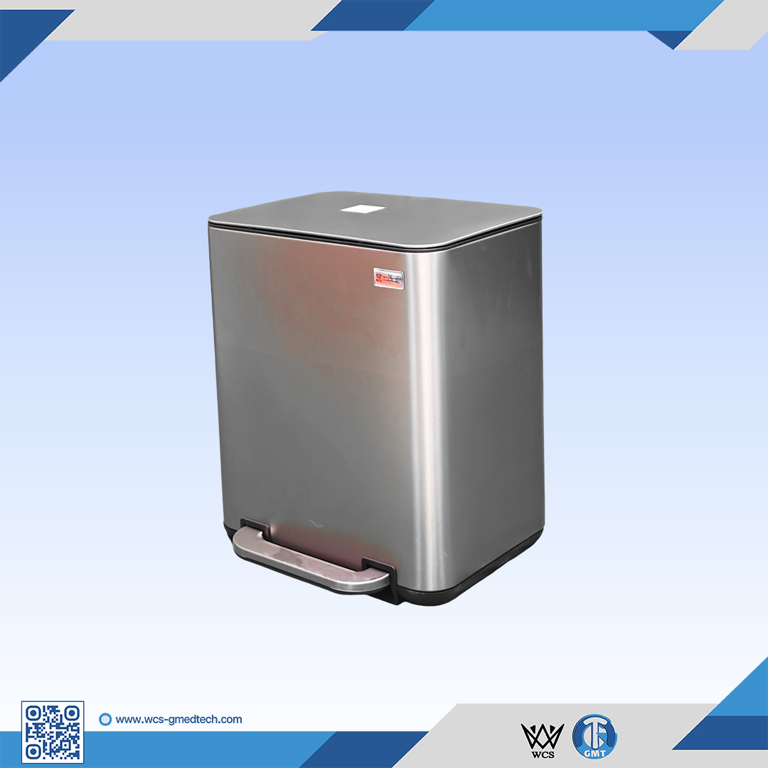 Stainless steel medical waste disposal bin with foot pedal for hygienic waste management.