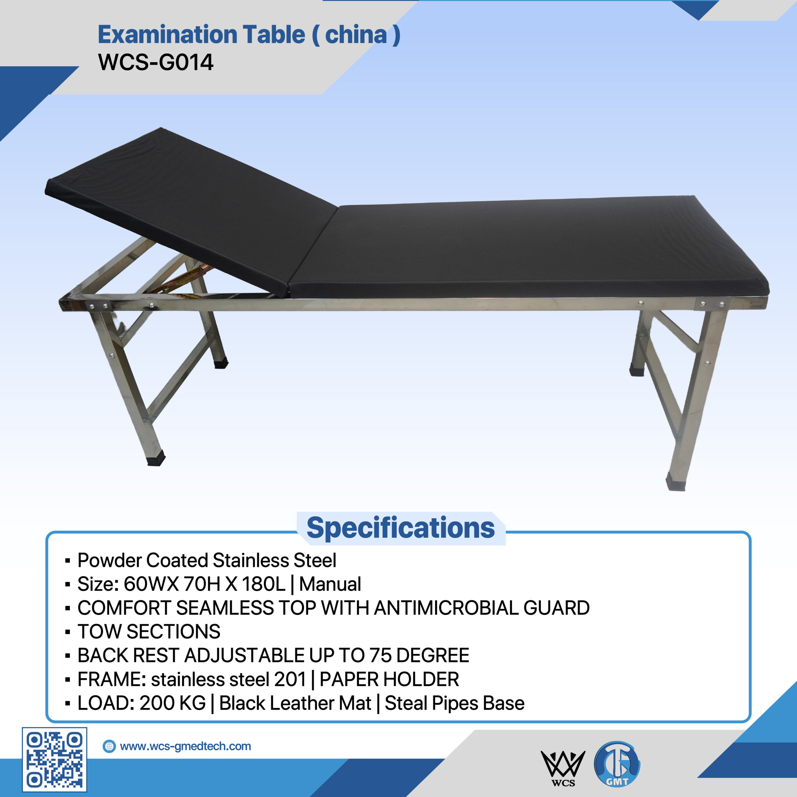 Examination table with adjustable backrest and stainless steel frame for medical examinations.
