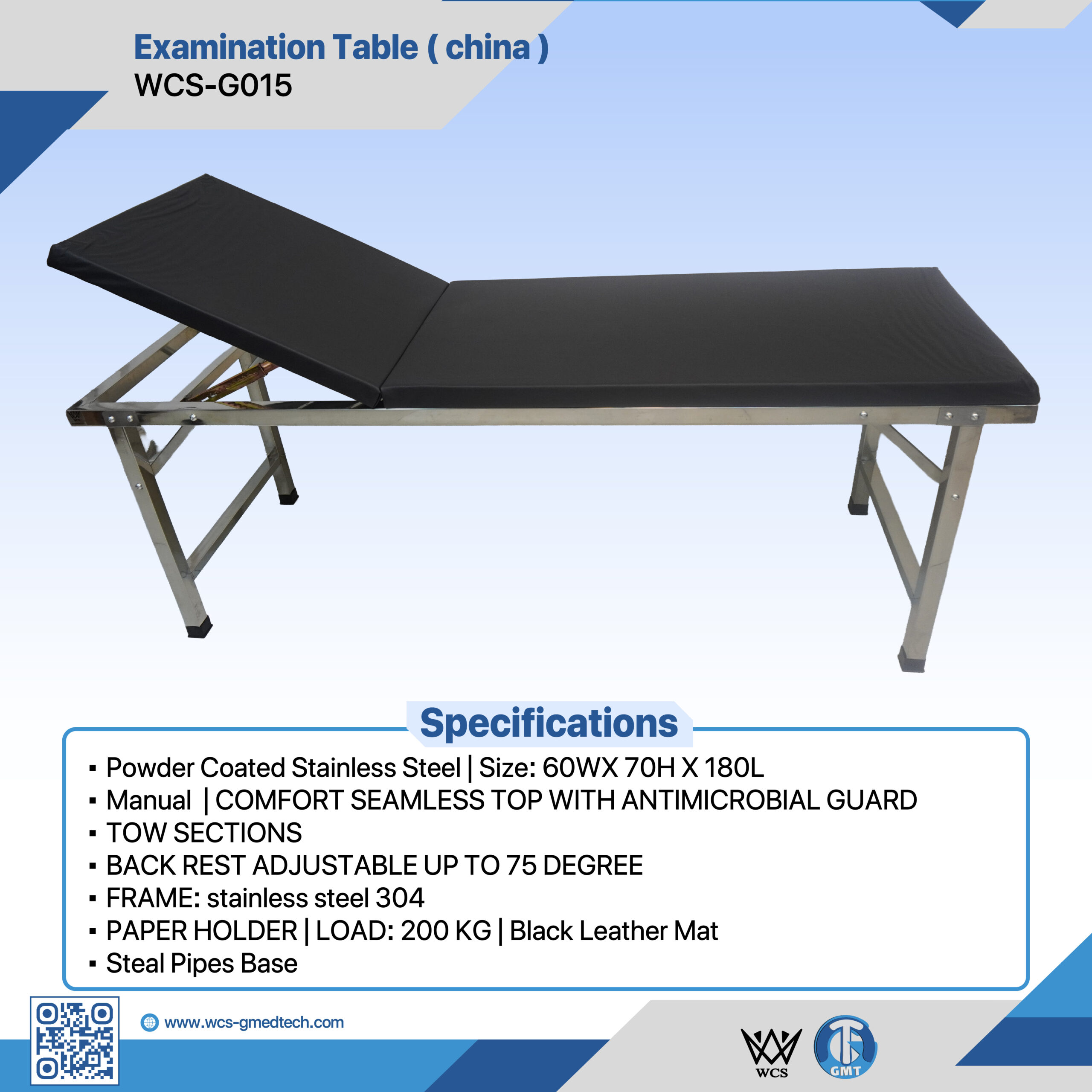 Examination table with adjustable backrest and stainless steel frame for medical exams.