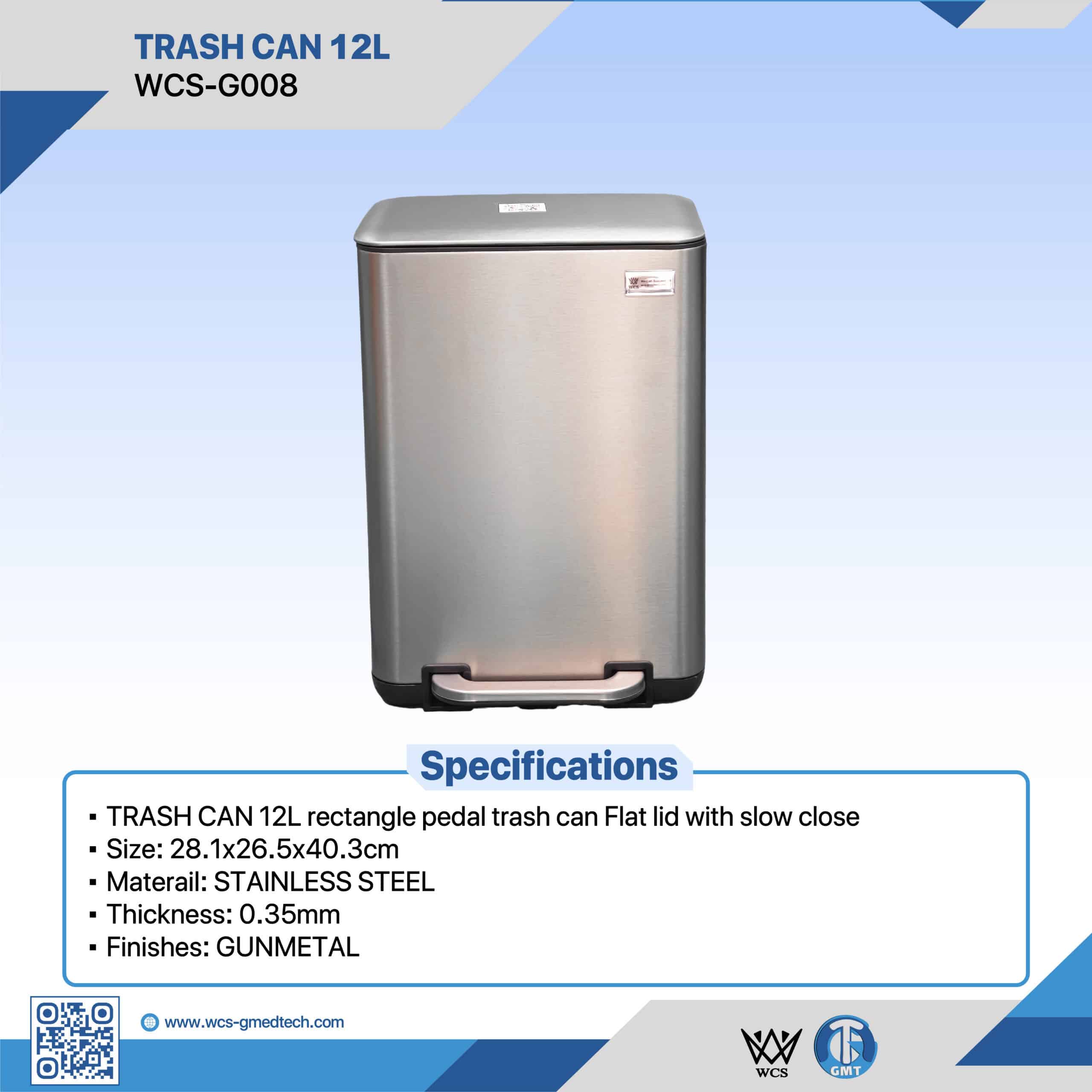 Trash can with 12L capacity, stainless steel construction, and gunmetal finish for durability and st.