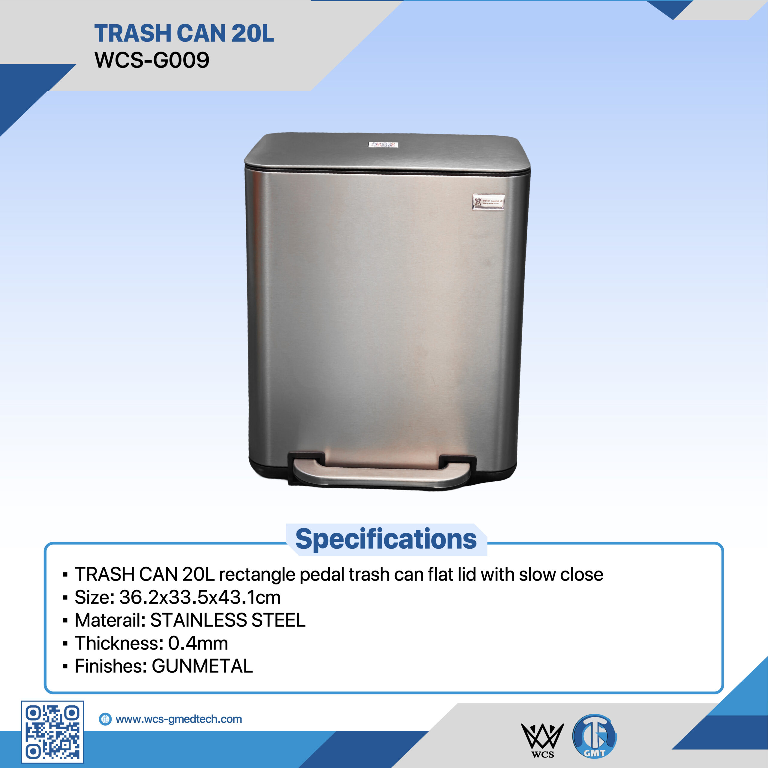 Trash Can 20L with stainless steel construction and slow-close lid for hygienic waste management.