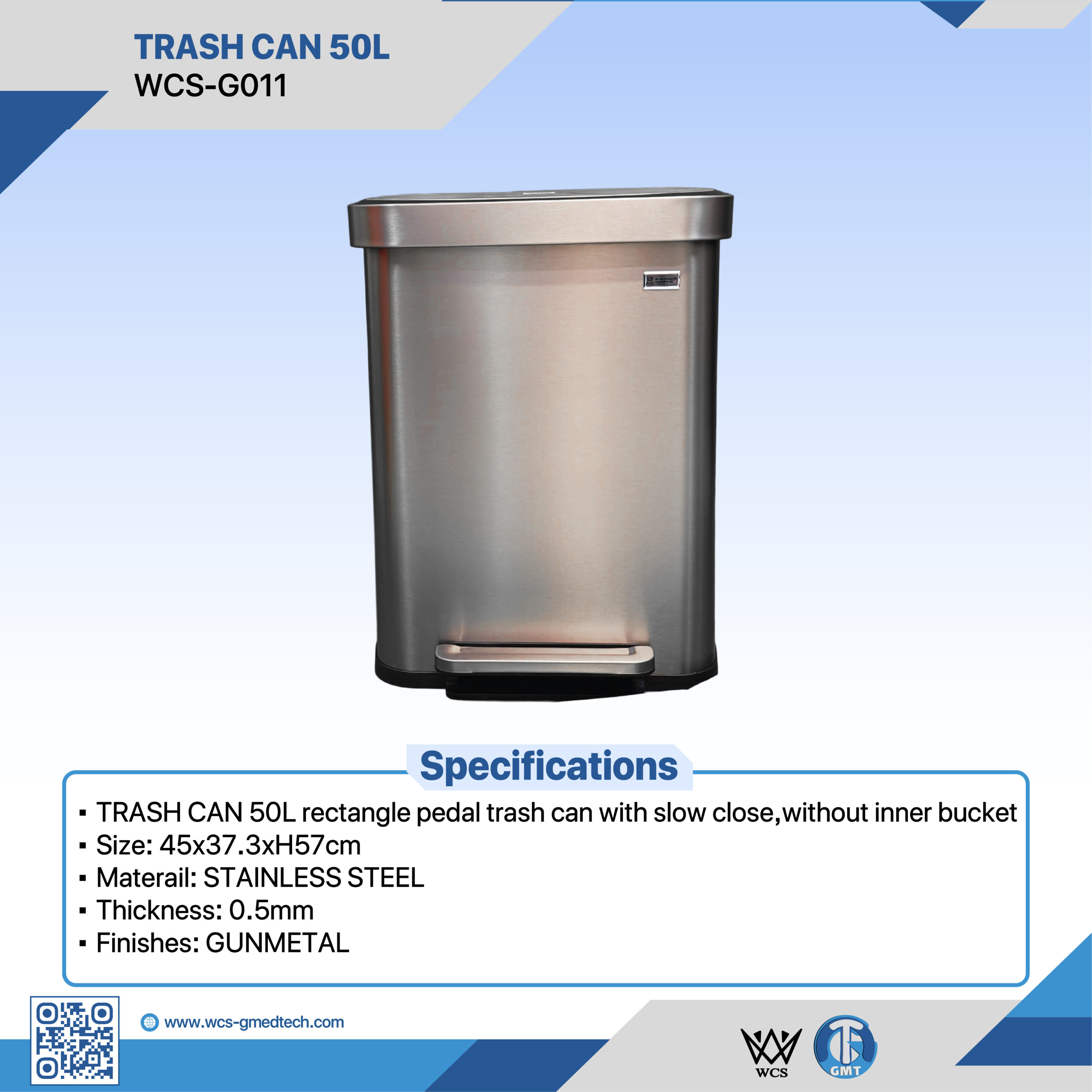 Medical waste trash can with 50L capacity, stainless steel, gunmetal finish, and pedal operation for.