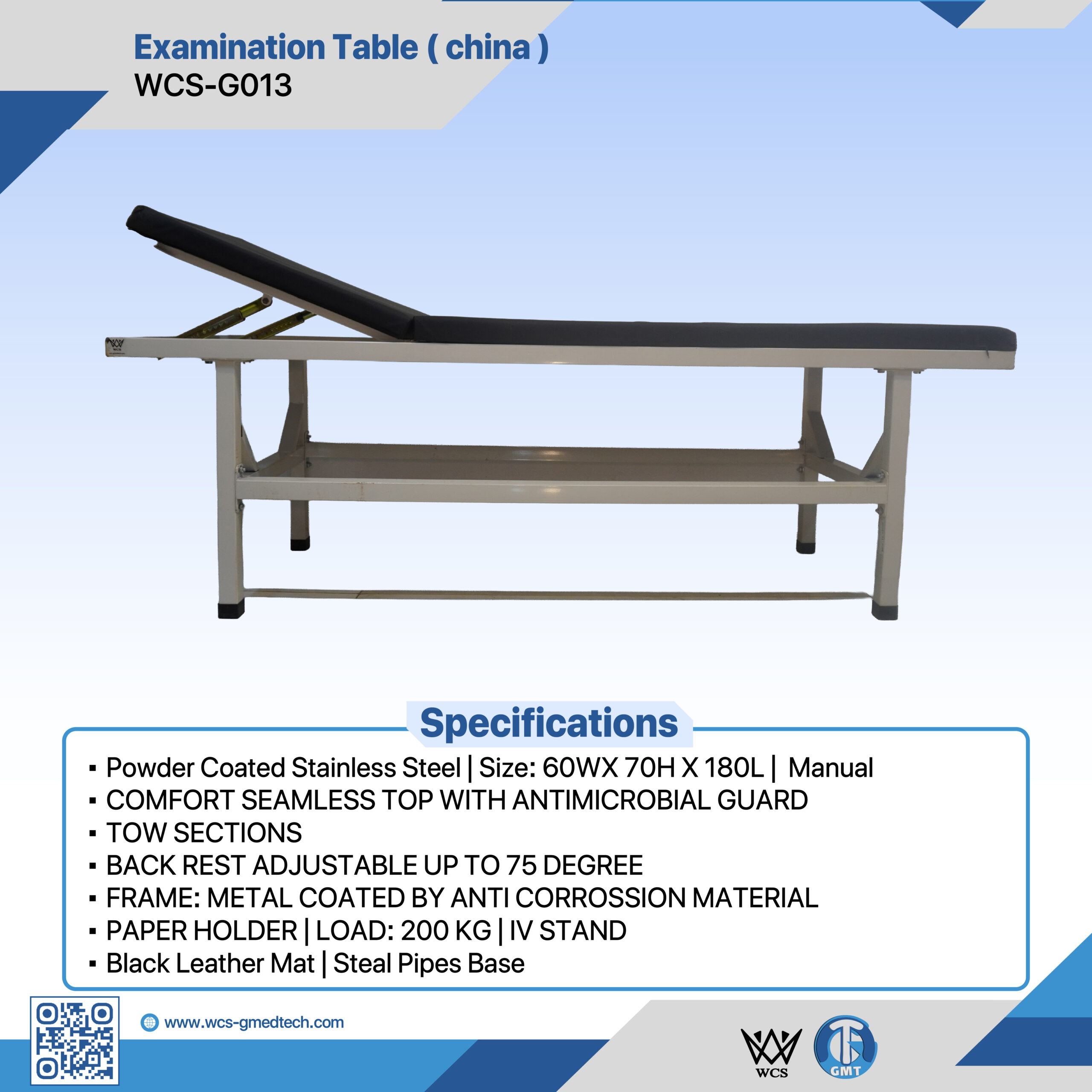 Stainless steel examination table with adjustable backrest and black leather mat.