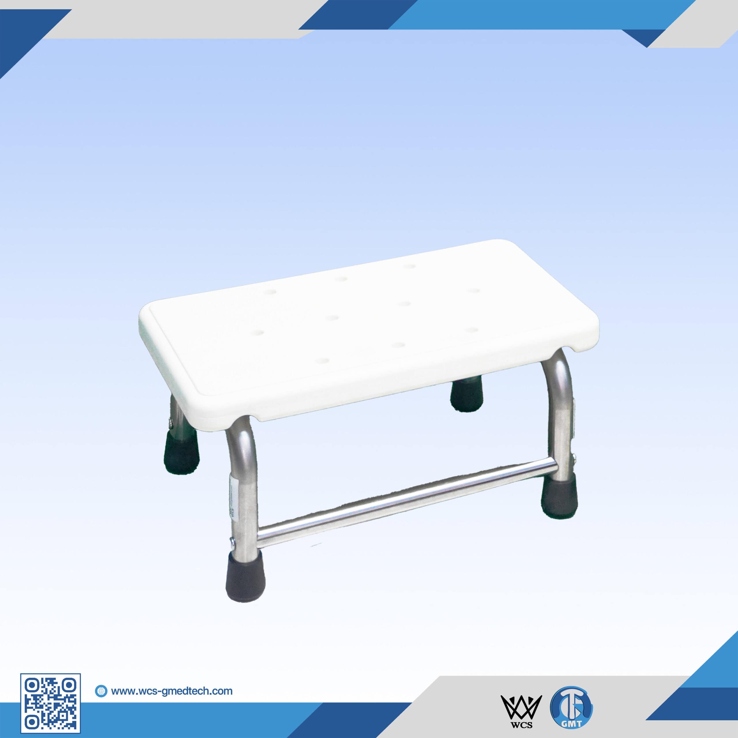 Durable white medical step stool with non-slip feet for clinics and hospitals.