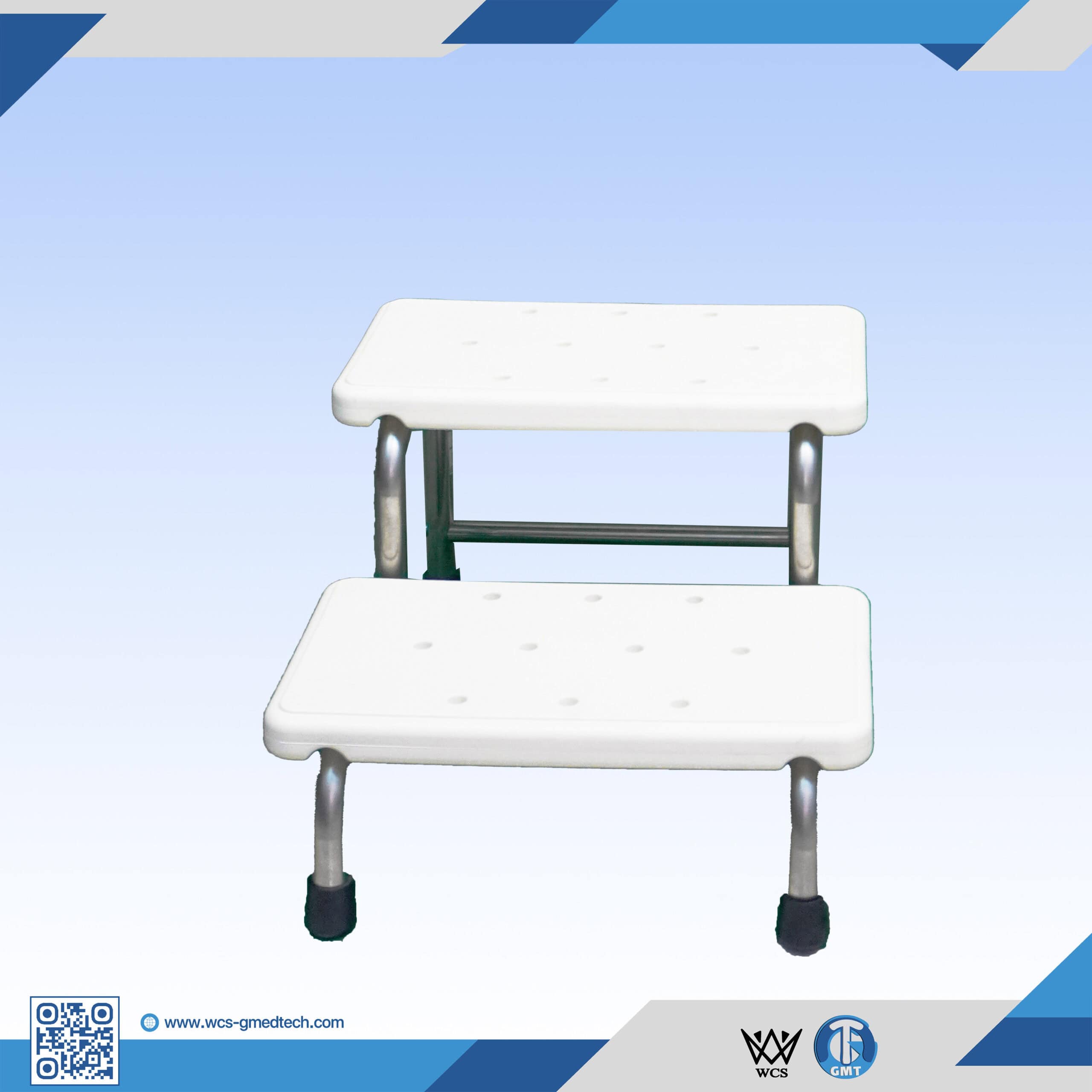 Medical step stool with non-slip surface for safe patient mobility.