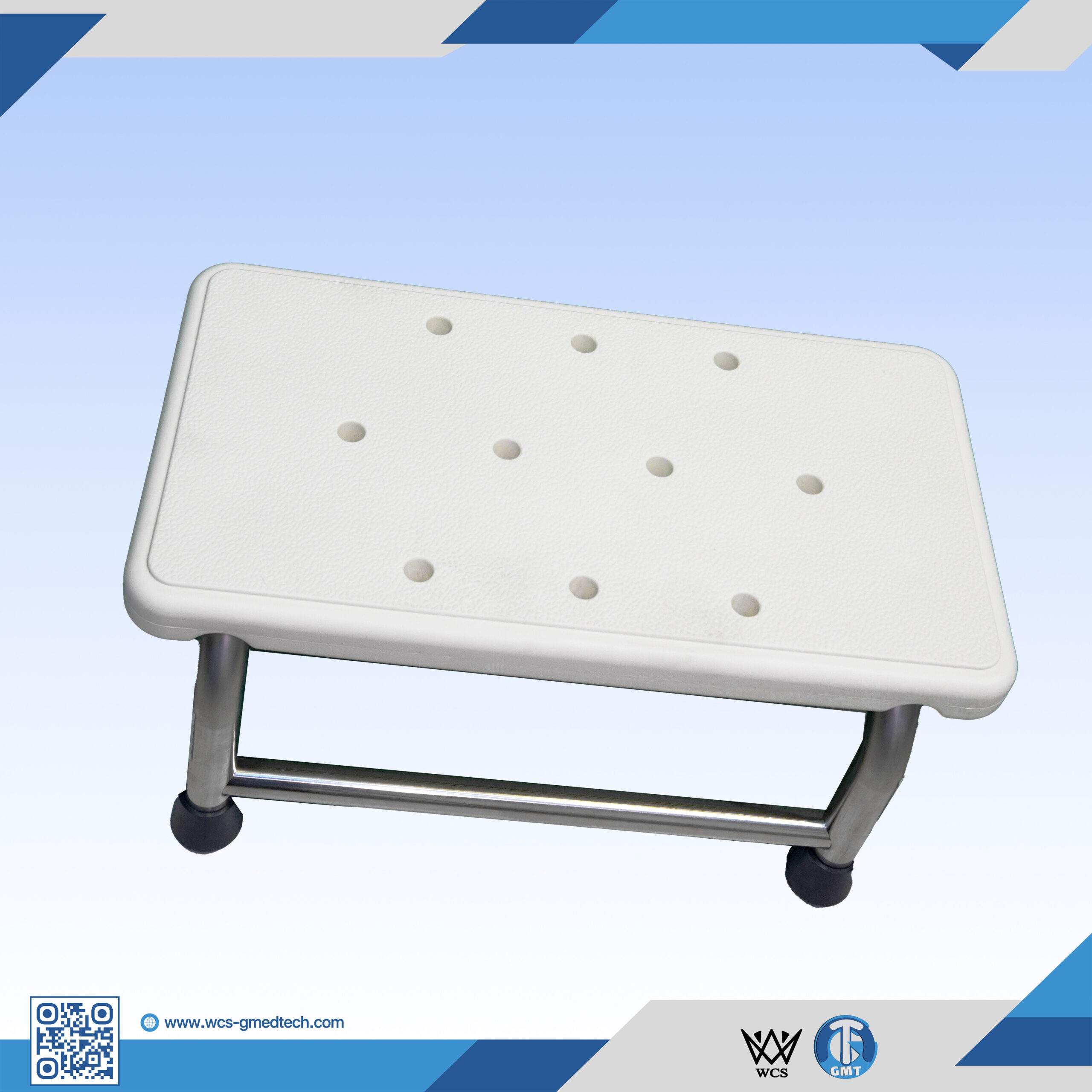 Step stool for medical use with non-slip surface and sturdy metal frame.
