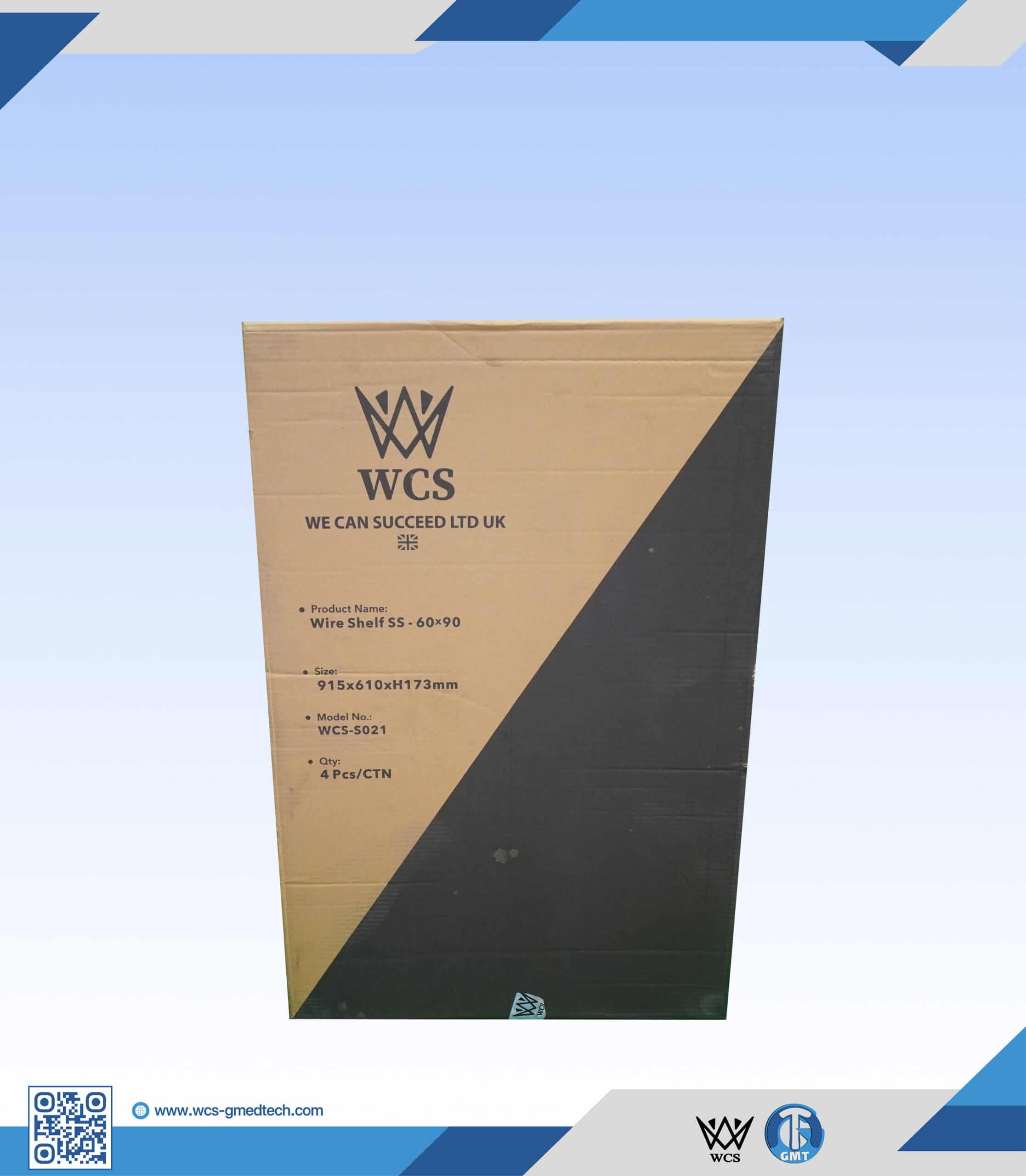 Cardboard box with WCS logo and product details for medical wire shelf packaging.