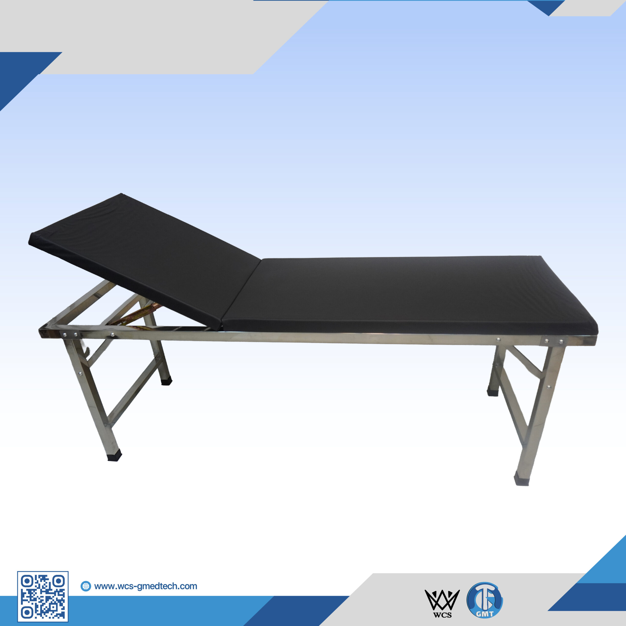 Adjustable medical examination table with black cushioned surface.