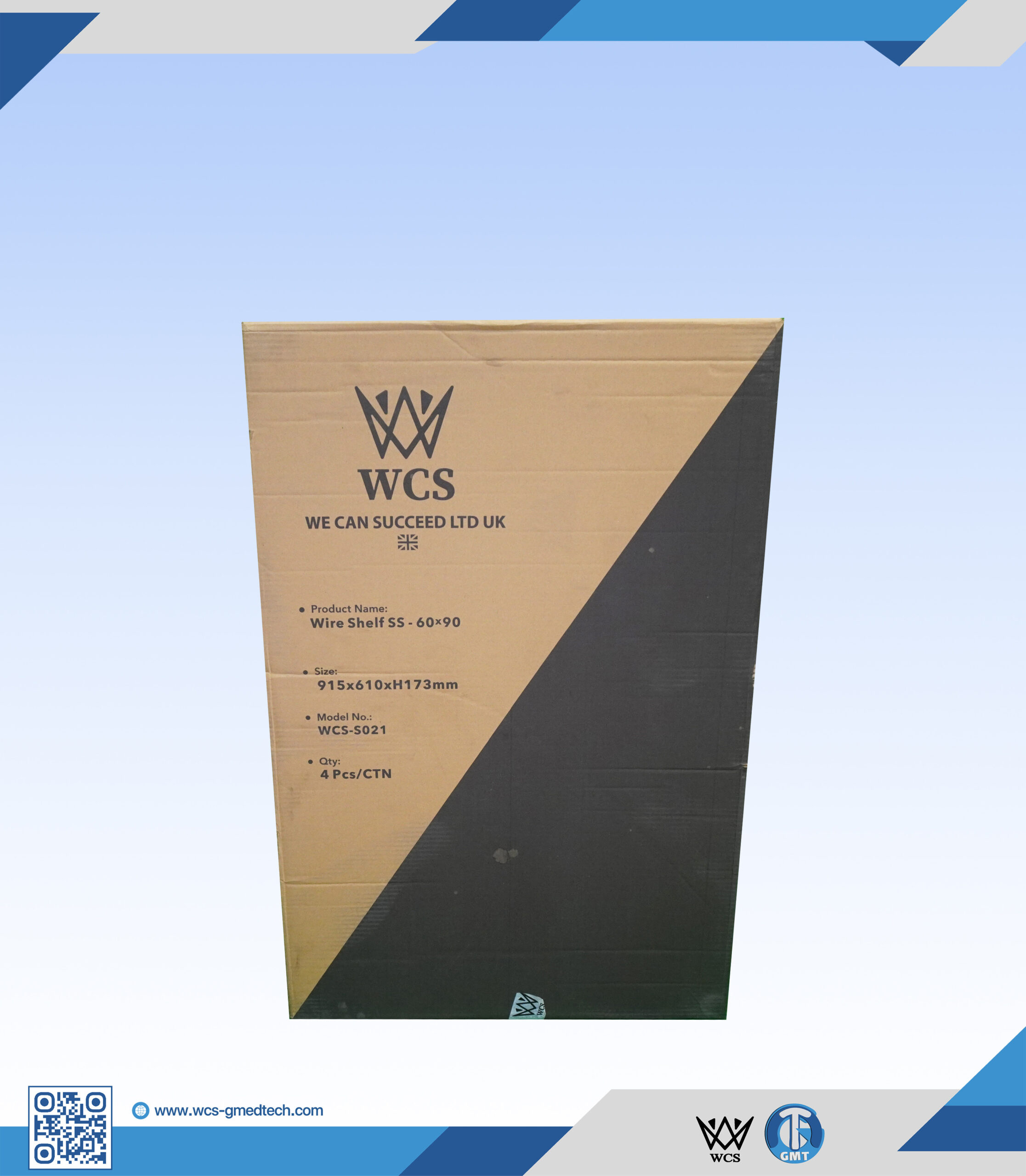 Cardboard box with WCS logo and product details for medical wire shelf.
