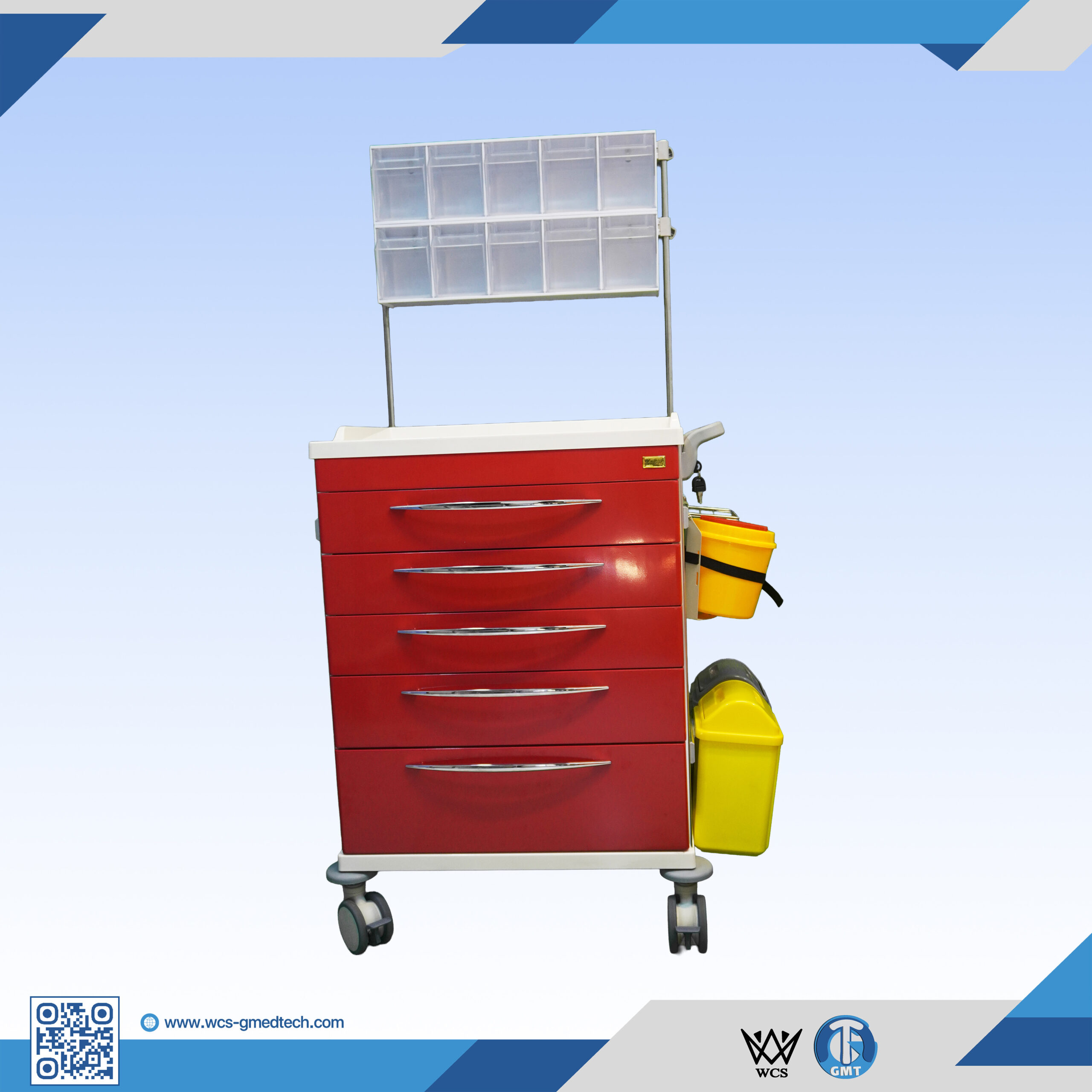 WCS-TR032 Anesthesia Trolley with 5 soft-closing drawers, antistatic castors, PVC waste bins, and SS 304 wire basket