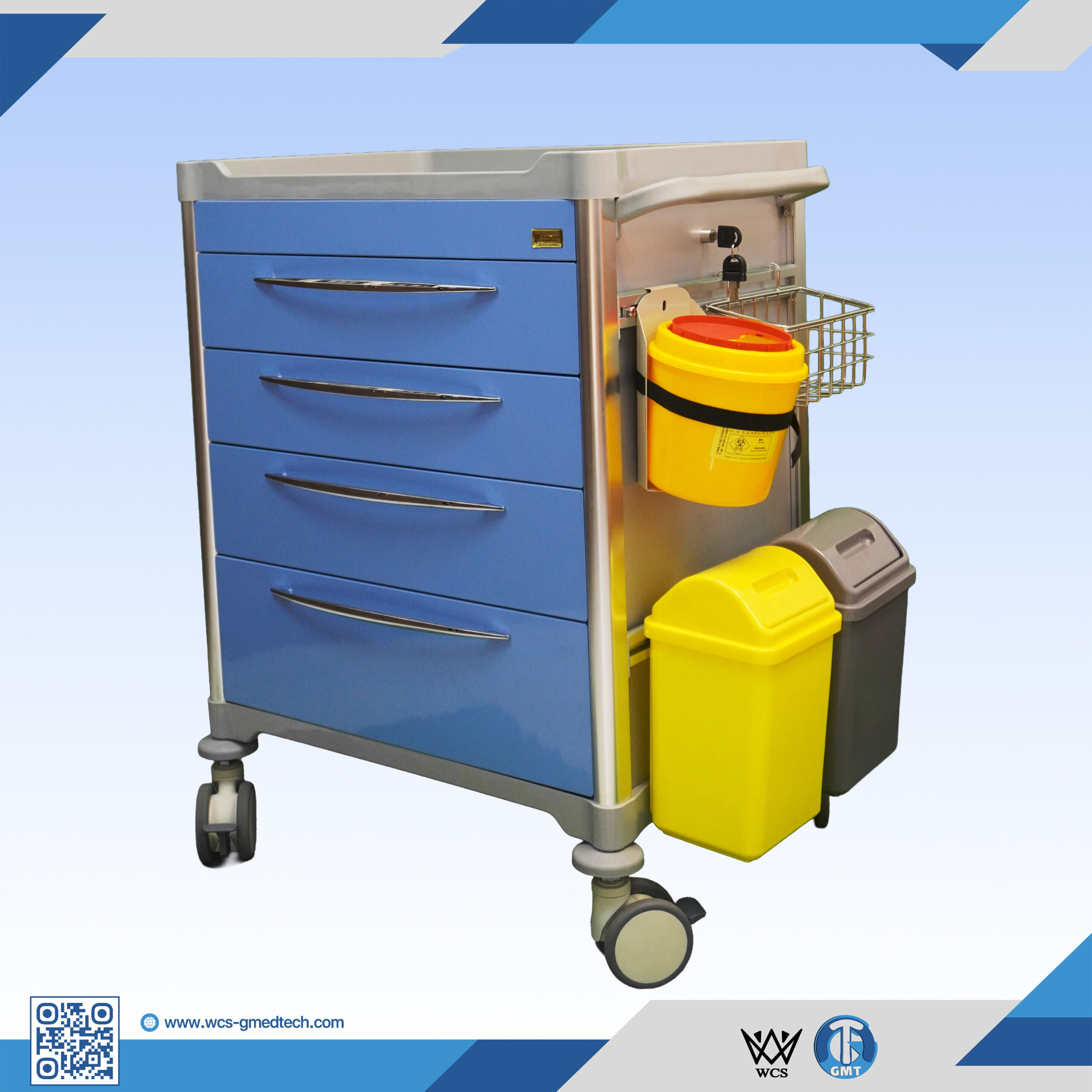 WCS-TR031 Medicine Trolley with four powder-coated steel drawers, PVC waste bins, needle box, and antistatic castors