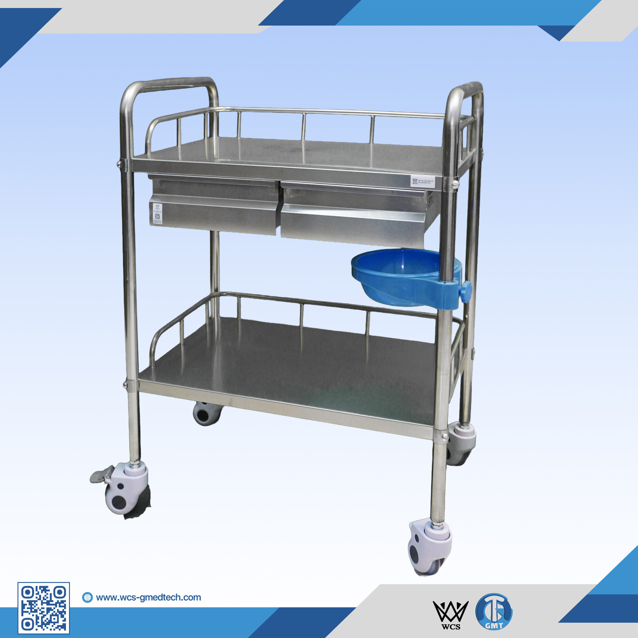 WCS-TR044 three-tier stainless steel medical trolley with two small drawers, 0.8mm thickness, and four 3-inch caster wheels