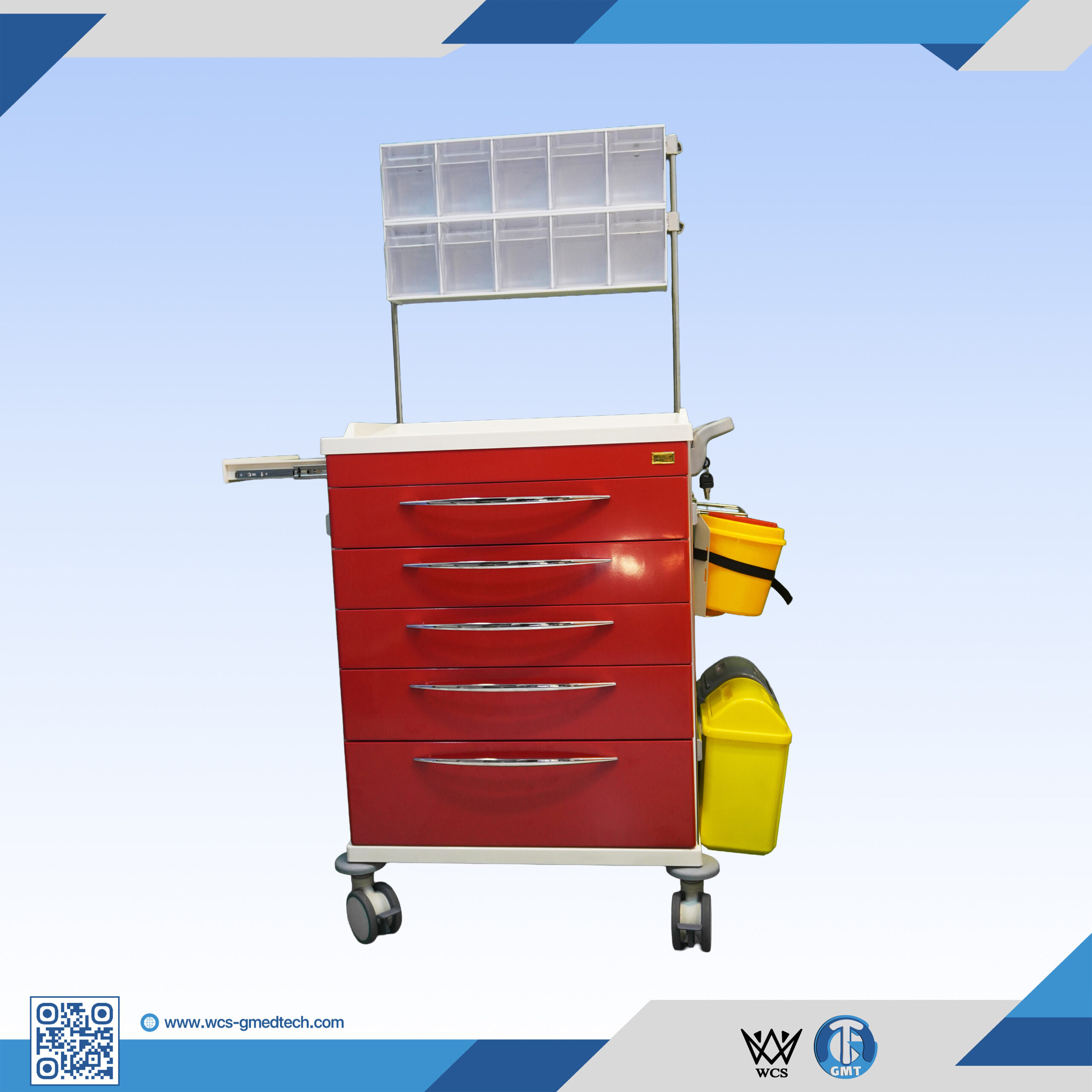 WCS-TR032 Anesthesia Trolley with 5 soft-closing drawers, antistatic castors, PVC waste bins, and SS 304 wire basket
