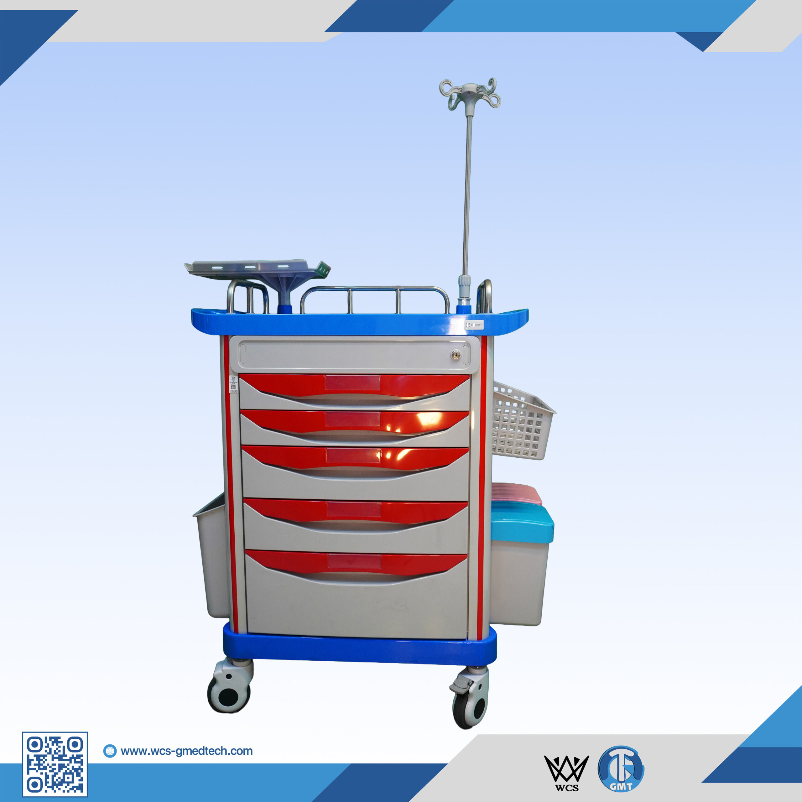WCS-TR054 Emergency Trolley with ABS molded surface, five drawers, IV stand, oxygen tank holder, and 5-inch wheels