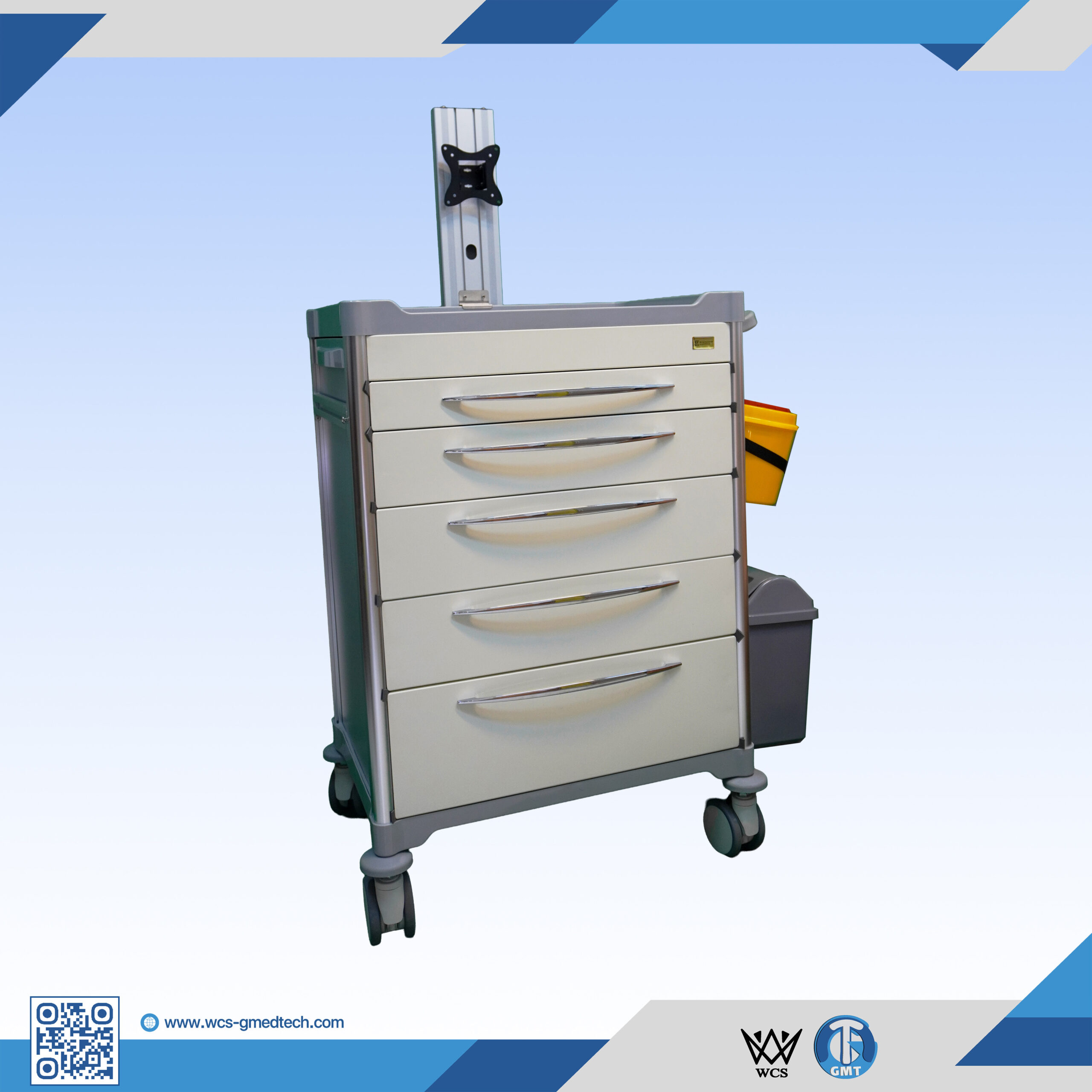 WCS-TR034 Nurse Workstation Trolley with 5 drawers, PVC waste bins, needle box, and SS 304 wire basket on antistatic castors