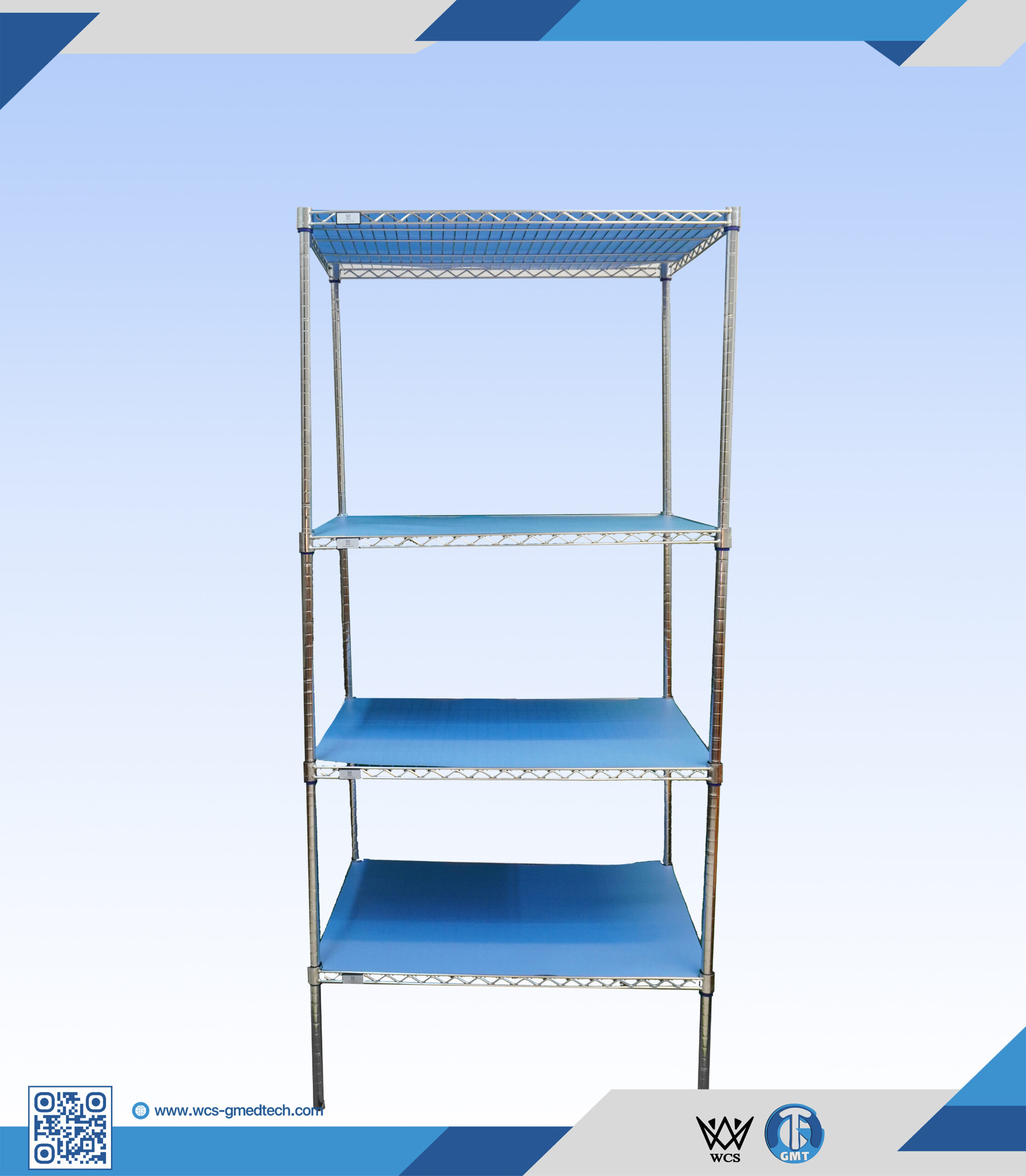 WCS-S005 4-tier heavy duty stainless steel wire shelf measuring 45x90x200 cm with adjustable level feet and 250 kg load capacity