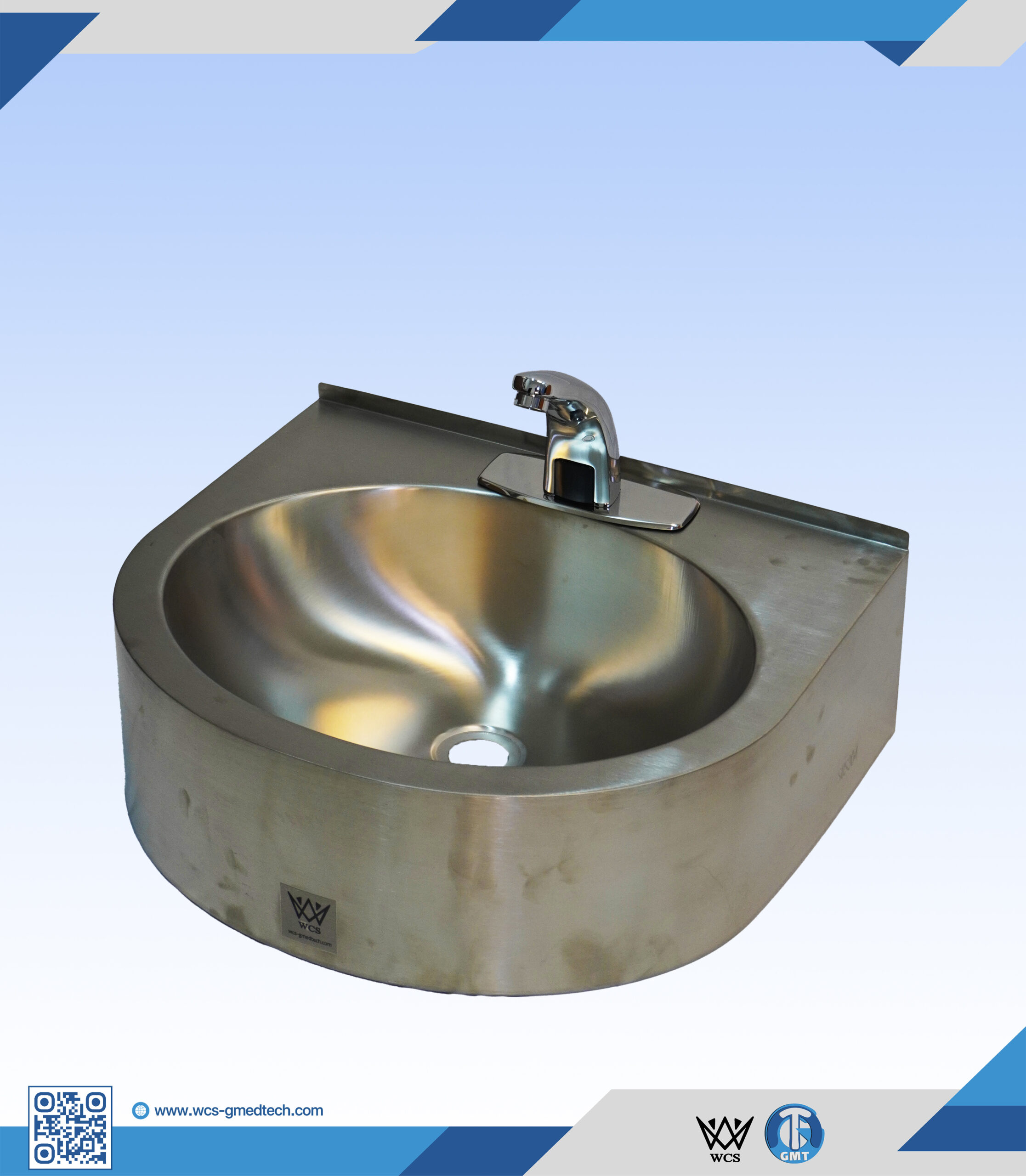 Wall-mounted Grade 304 stainless steel sink with IR sensor faucet, DC sensor box, and 2cm back splash, measuring 31.5x40x14 cm