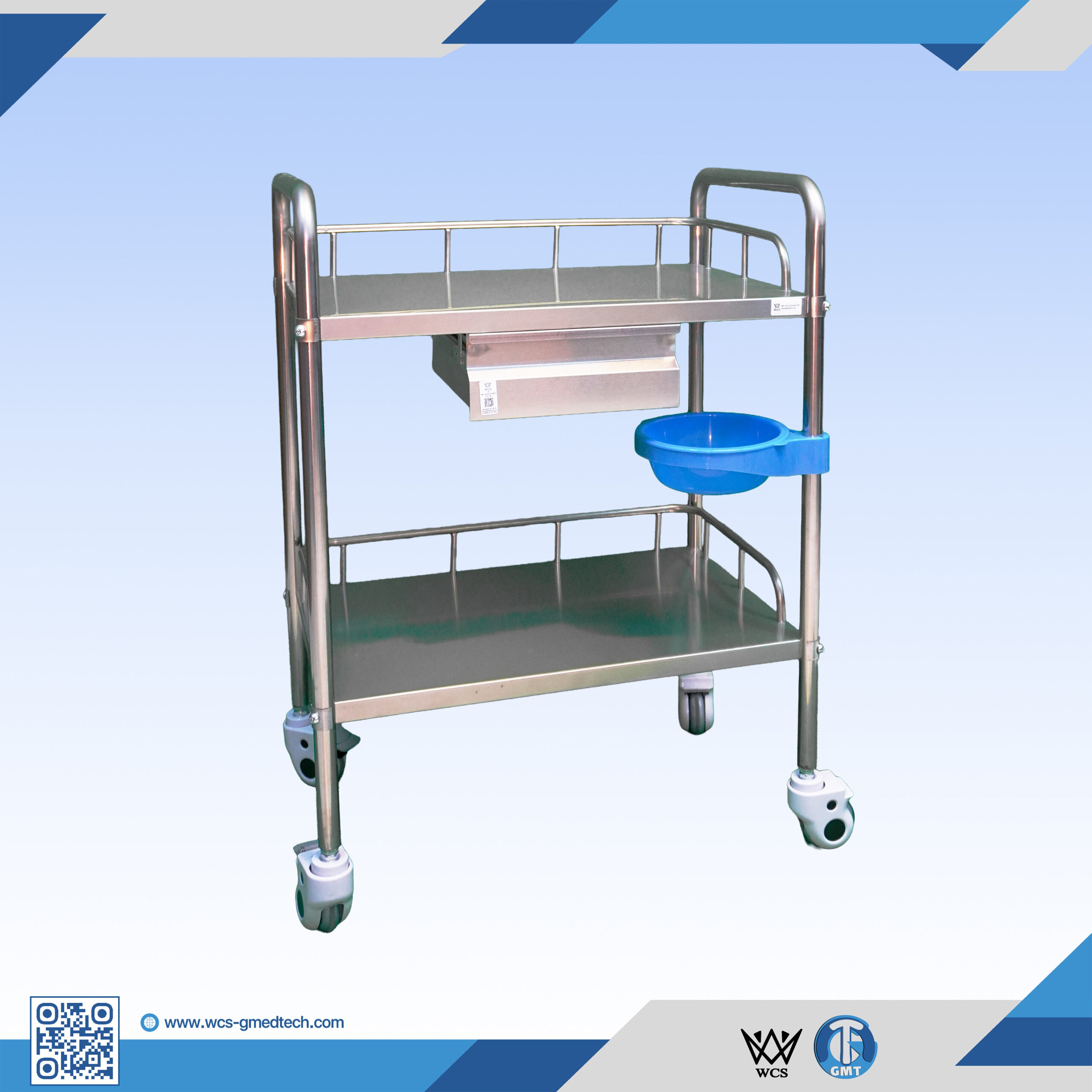 WCS-TR040 two-layer stainless steel medical trolley with small drawer and four 3-inch caster wheels