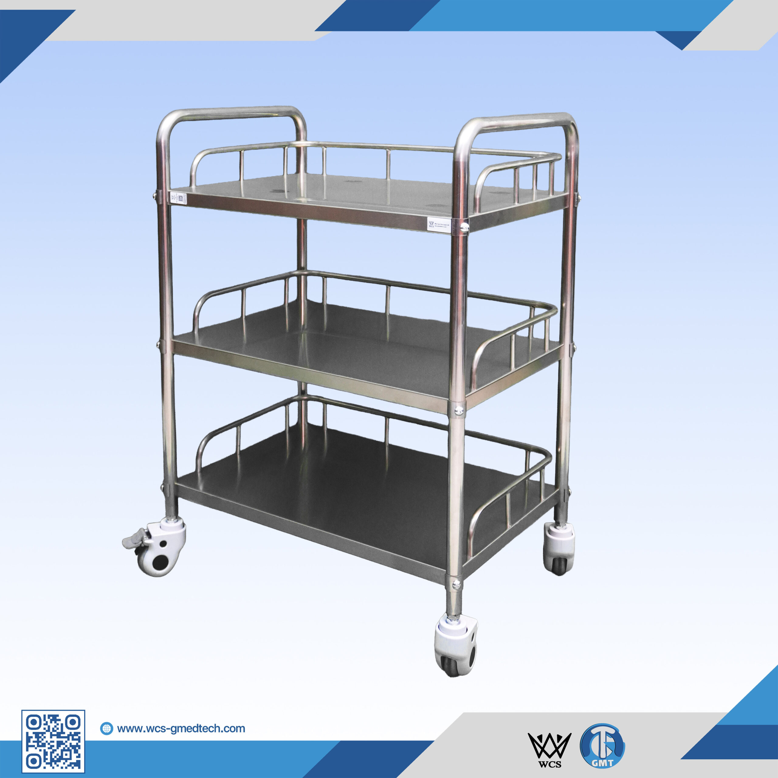 WCS-TR042 three-layer stainless steel utility trolley with 3-inch wheels and 0.8mm thick shelves