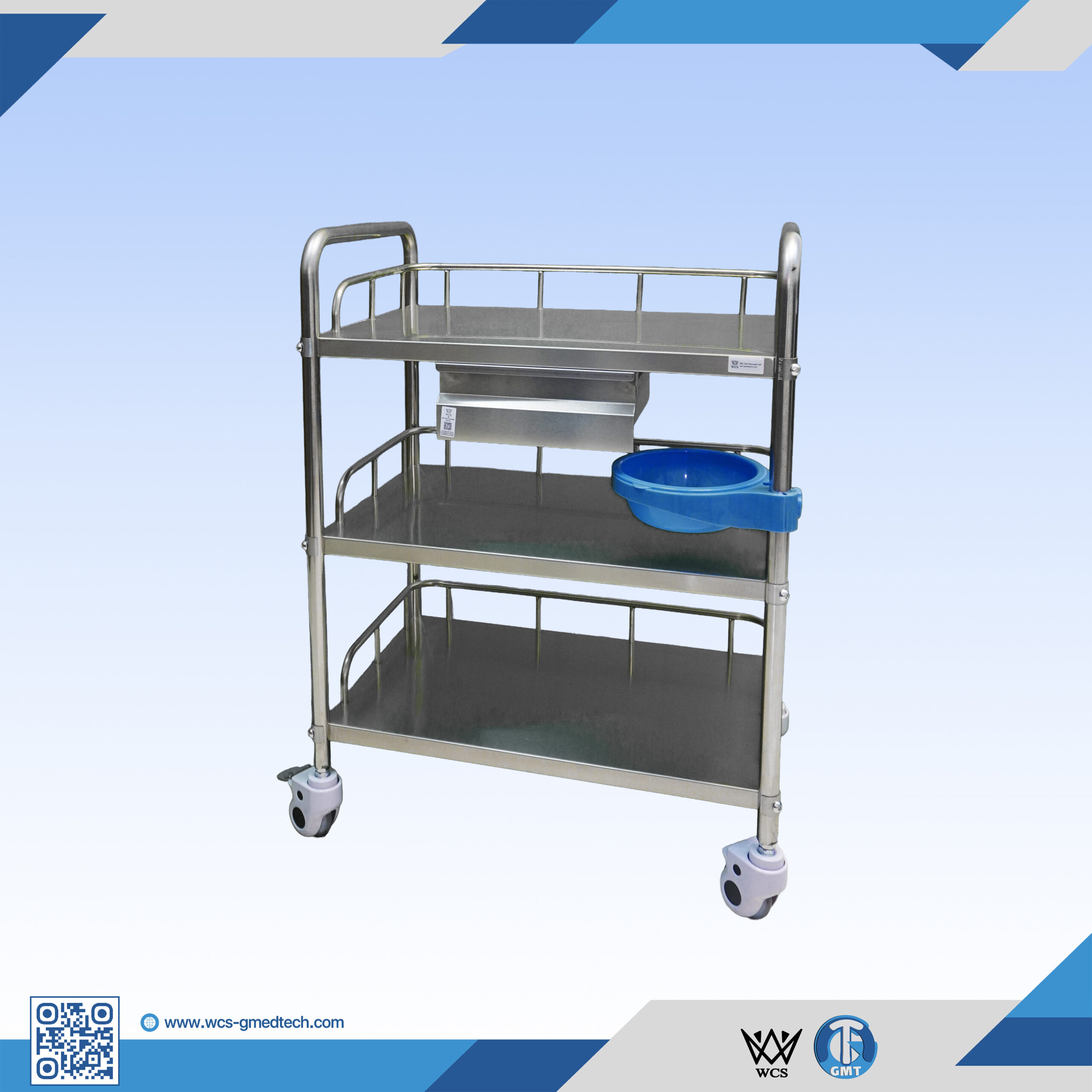 WCS-TR043 three-tier stainless steel utility trolley with one small drawer and four 3-inch caster wheels
