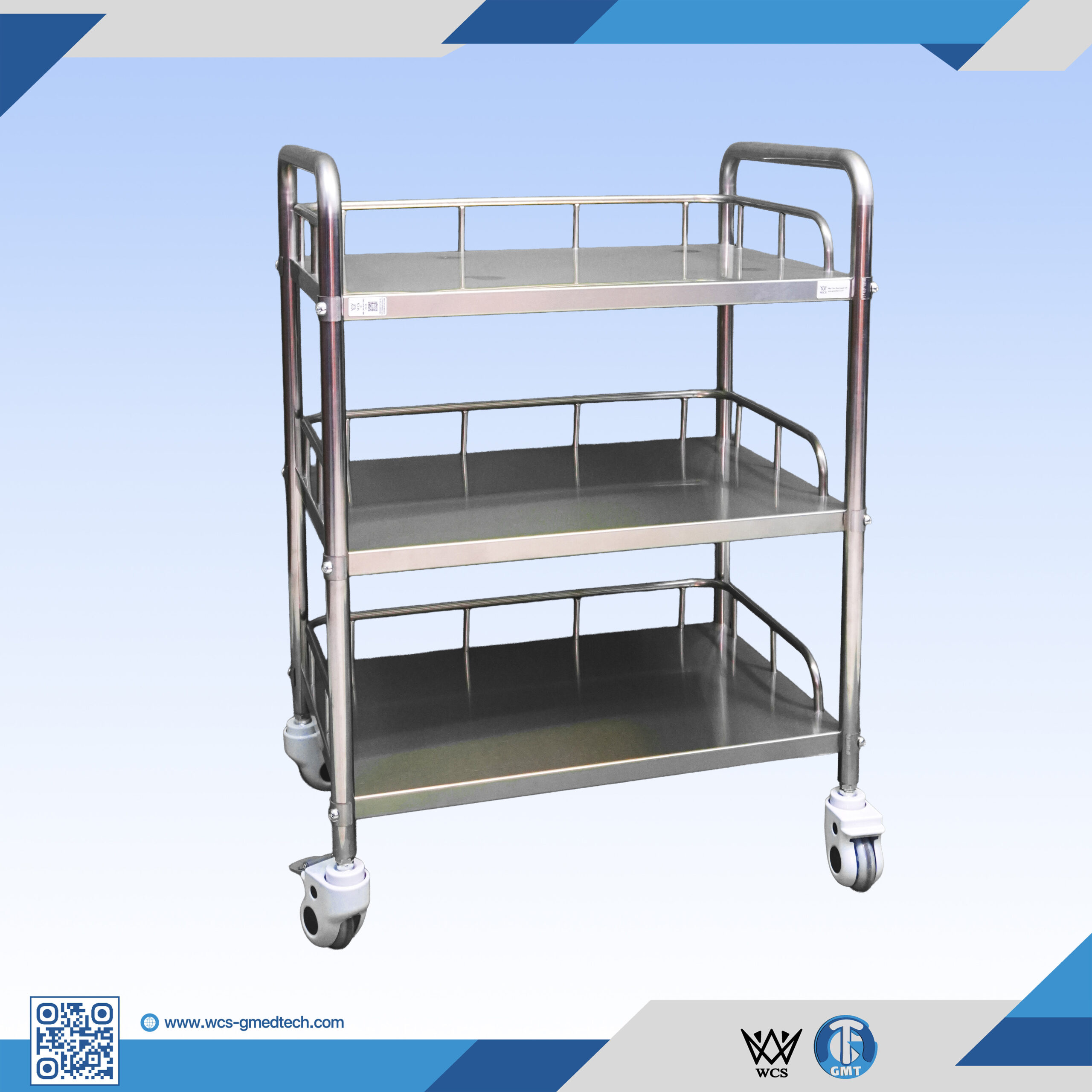WCS-TR042 three-layer stainless steel utility trolley with 3-inch wheels and 0.8mm thick shelves