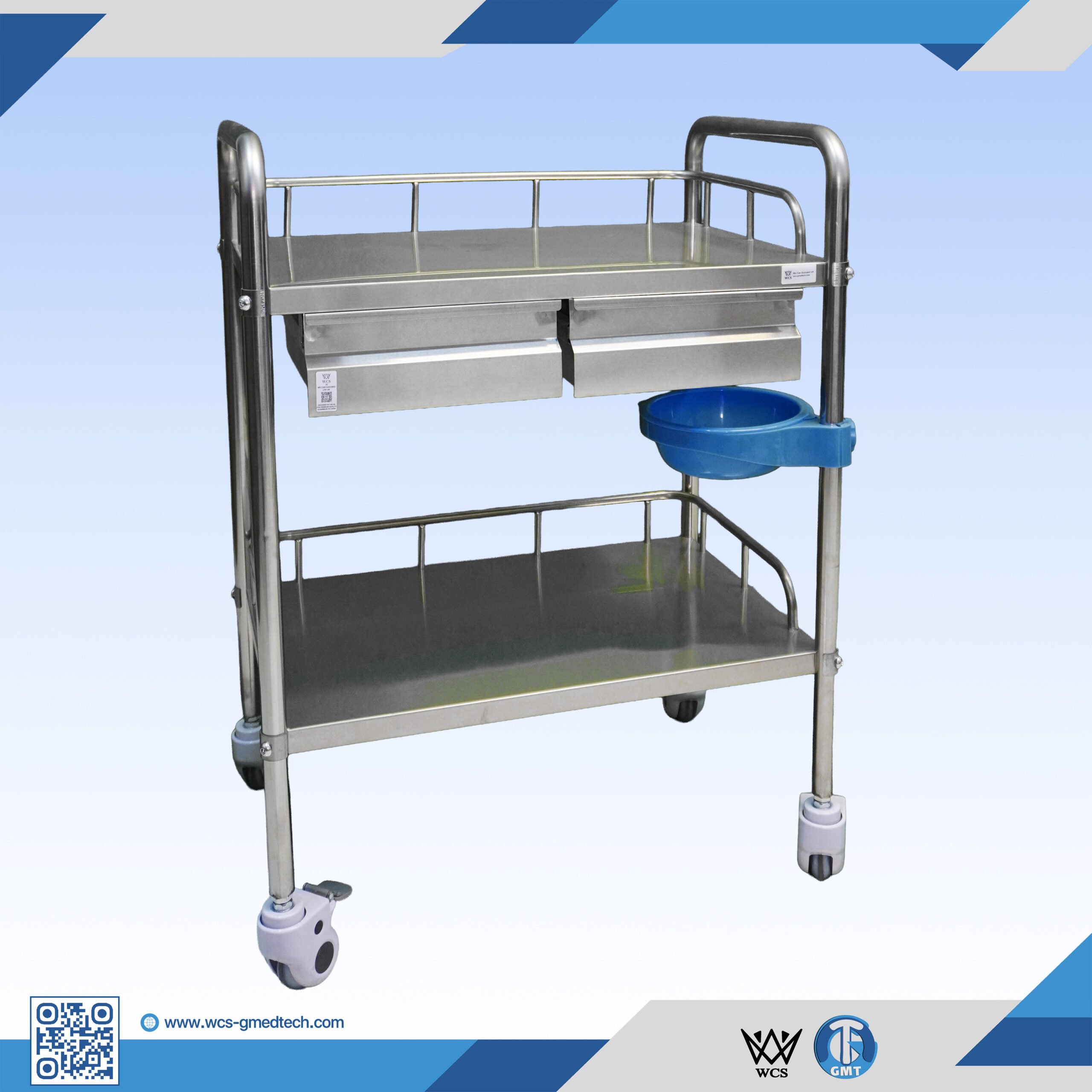 WCS-TR044 three-tier stainless steel medical trolley with two small drawers, 0.8mm thickness, and four 3-inch caster wheels