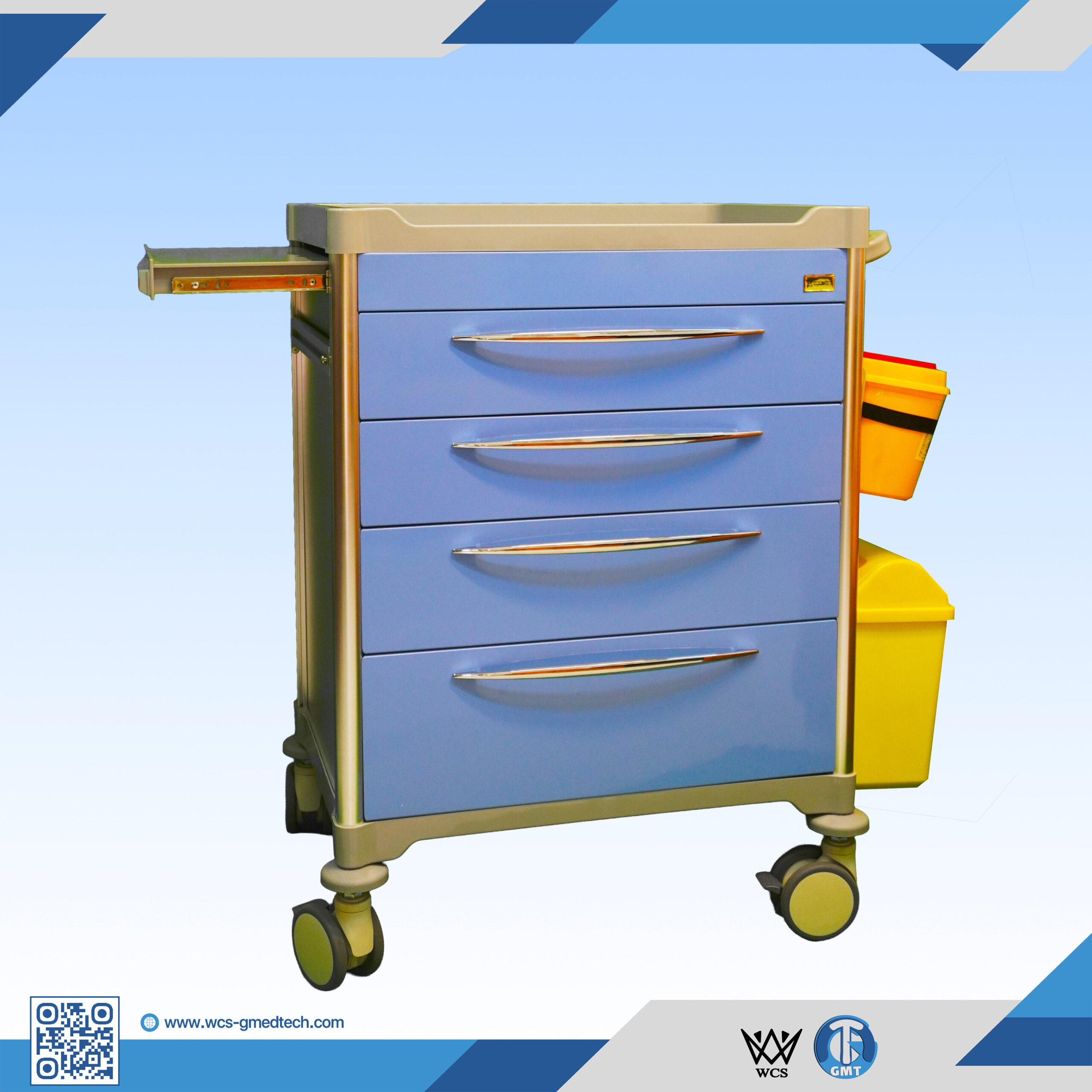 WCS-TR031 Medicine Trolley with four powder-coated steel drawers, PVC waste bins, needle box, and antistatic castors
