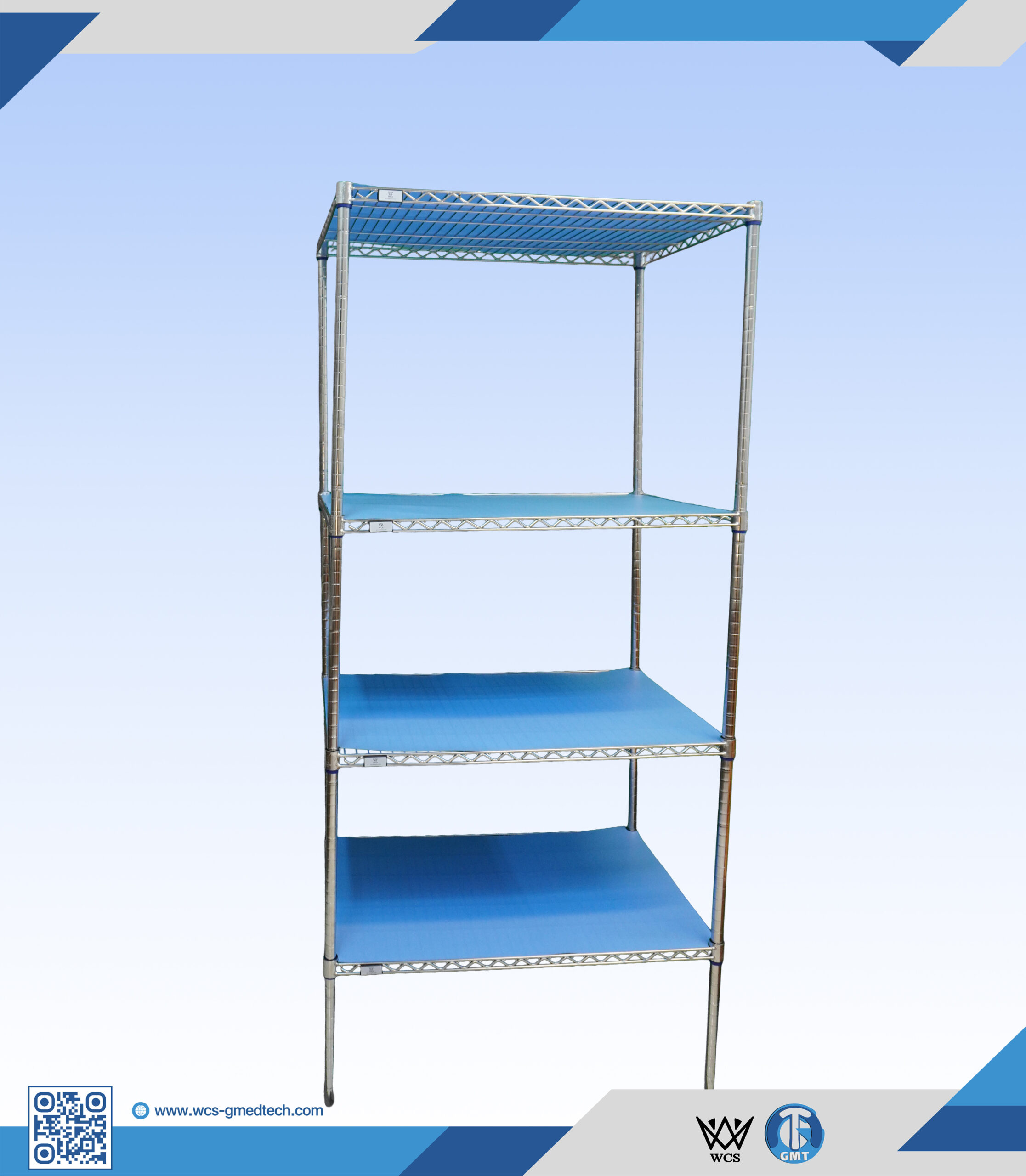 WCS-S002 4-tier heavy duty chrome wire shelf with adjustable level feet, measuring 45x120x200 cm and supporting up to 250 kgs