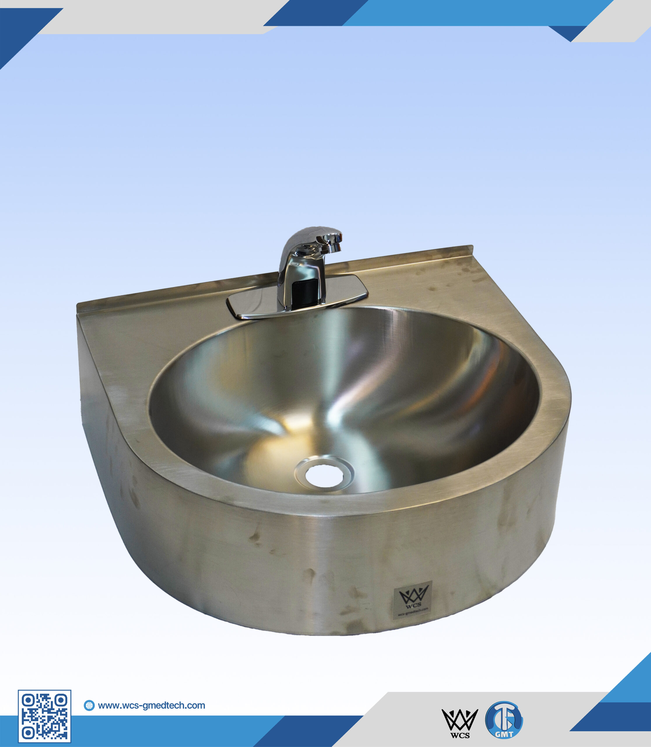 Wall-mounted Grade 304 stainless steel sink with IR sensor faucet, DC sensor box, and 2cm back splash, measuring 31.5x40x14 cm