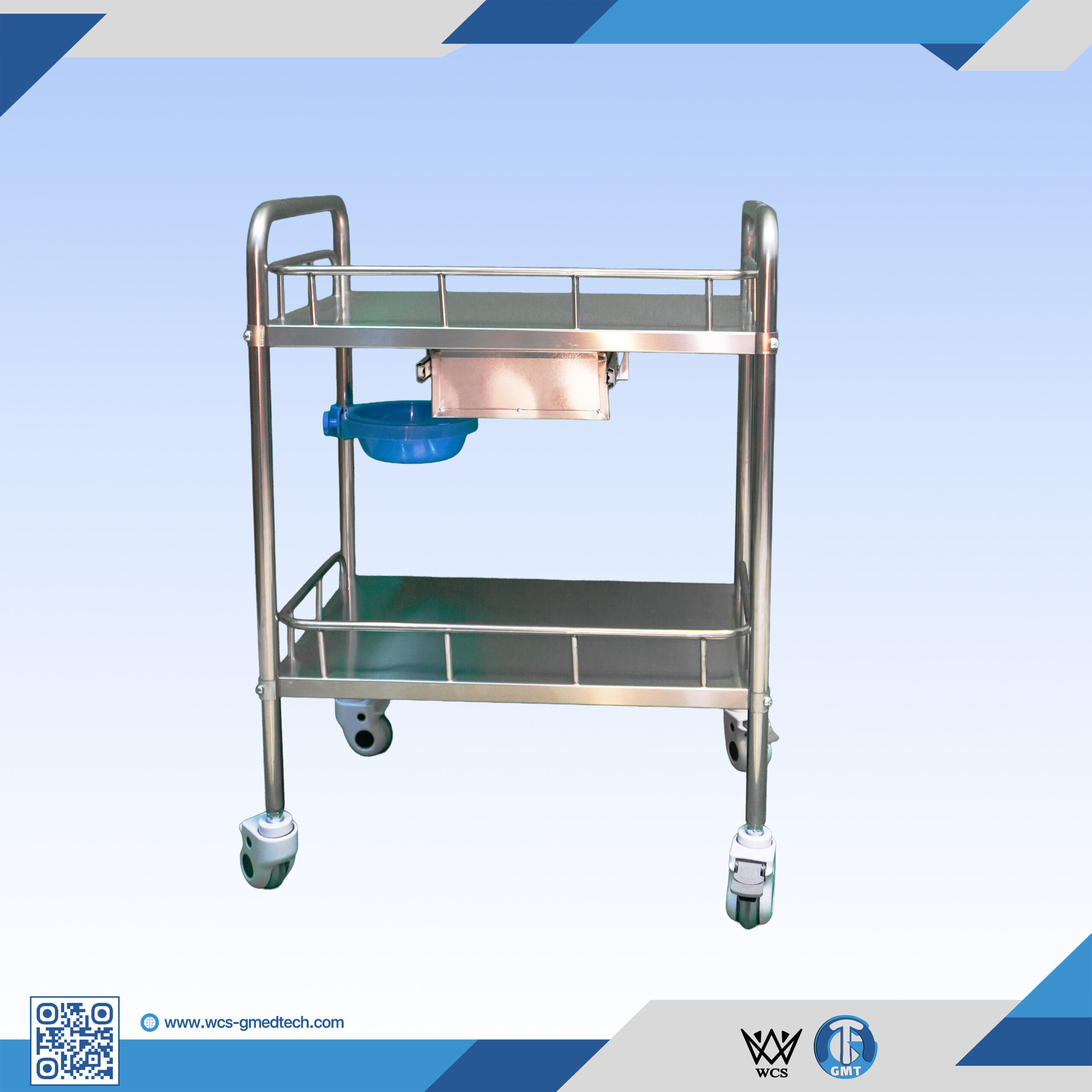 WCS-TR040 two-layer stainless steel medical trolley with small drawer and four 3-inch caster wheels