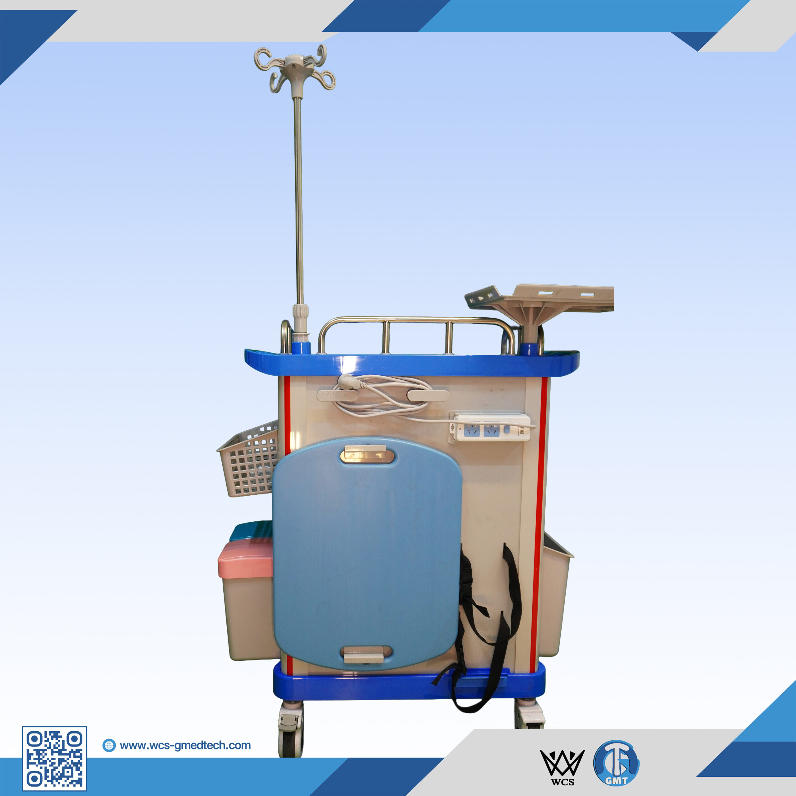 WCS-TR054 Emergency Trolley with ABS molded surface, five drawers, IV stand, oxygen tank holder, and 5-inch wheels