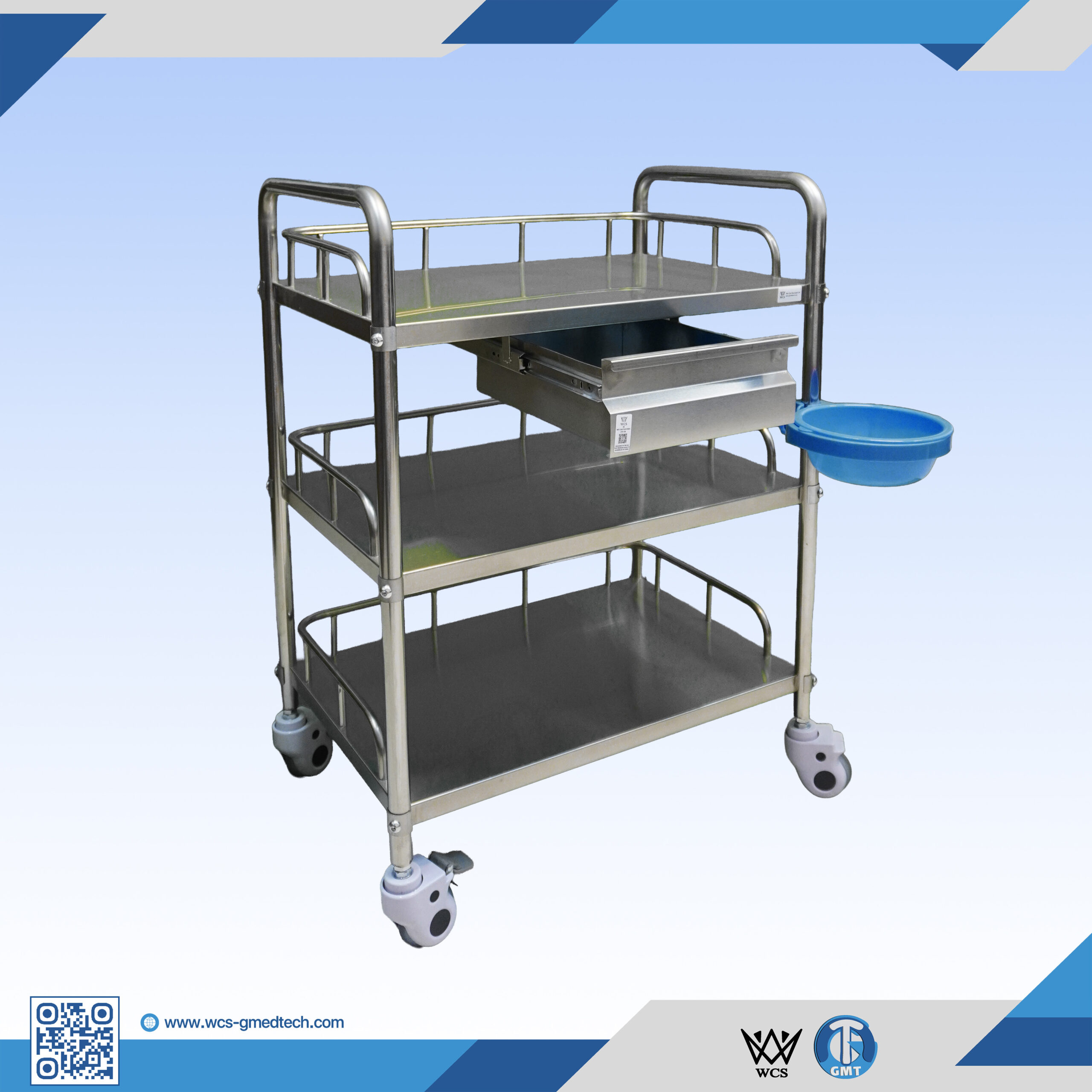 WCS-TR043 three-tier stainless steel utility trolley with one small drawer and four 3-inch caster wheels