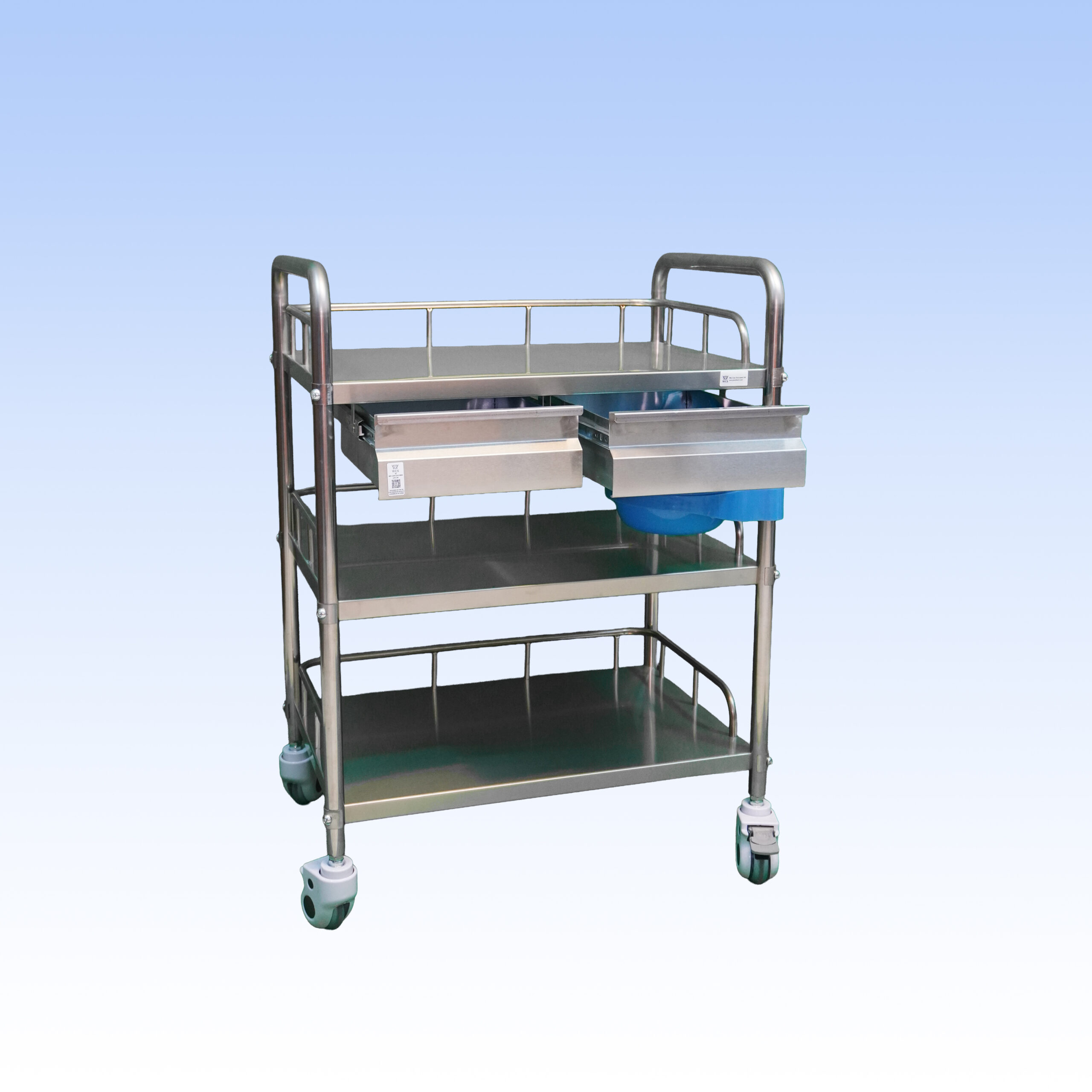 WCS-TR044 three-tier stainless steel medical trolley with two small drawers, 0.8mm thickness, and four 3-inch caster wheels