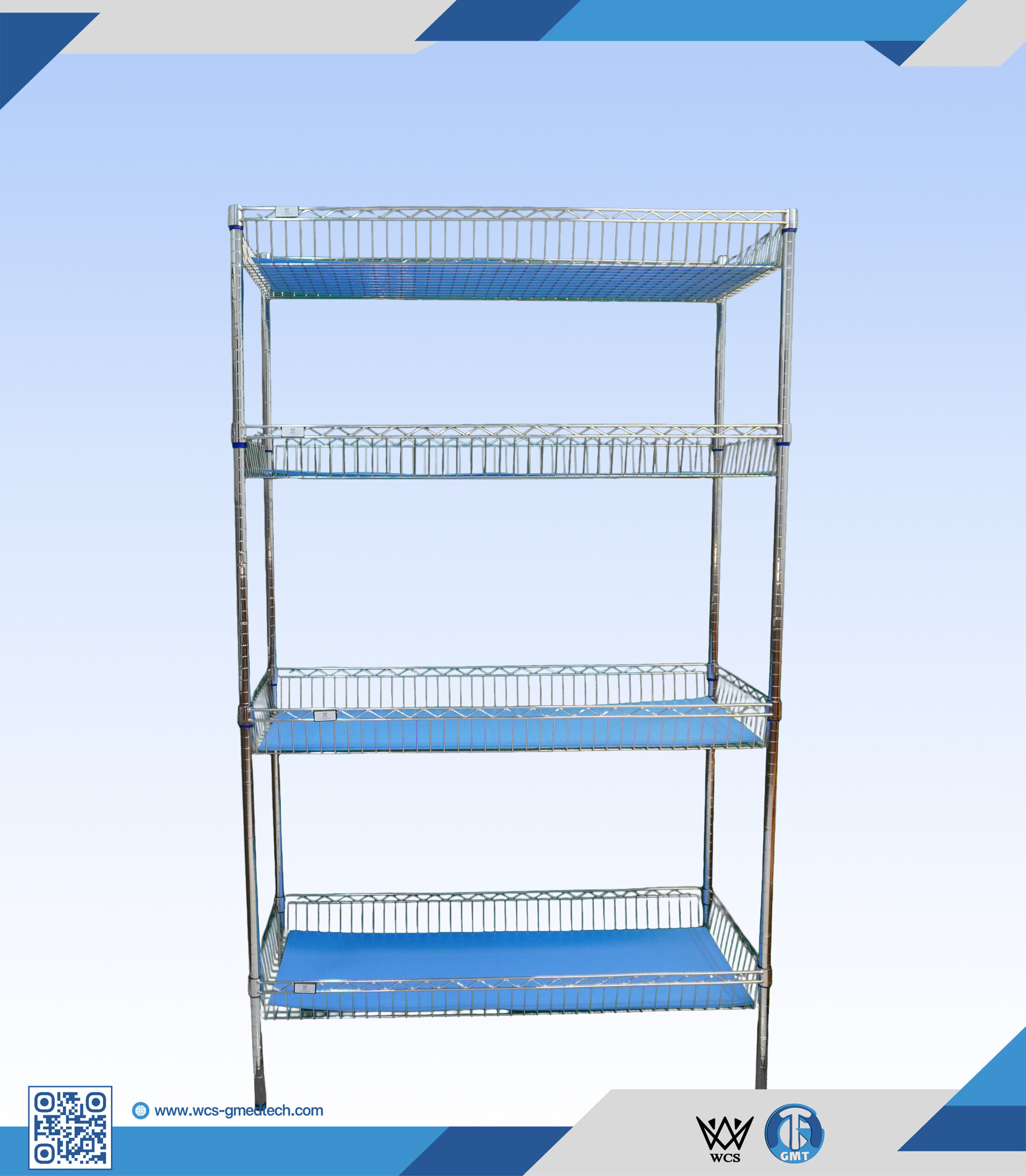 WCS-S017 4-tier heavy duty chrome wire shelf basket measuring 45x90x200 cm with adjustable level feet and 250 kg load capacity