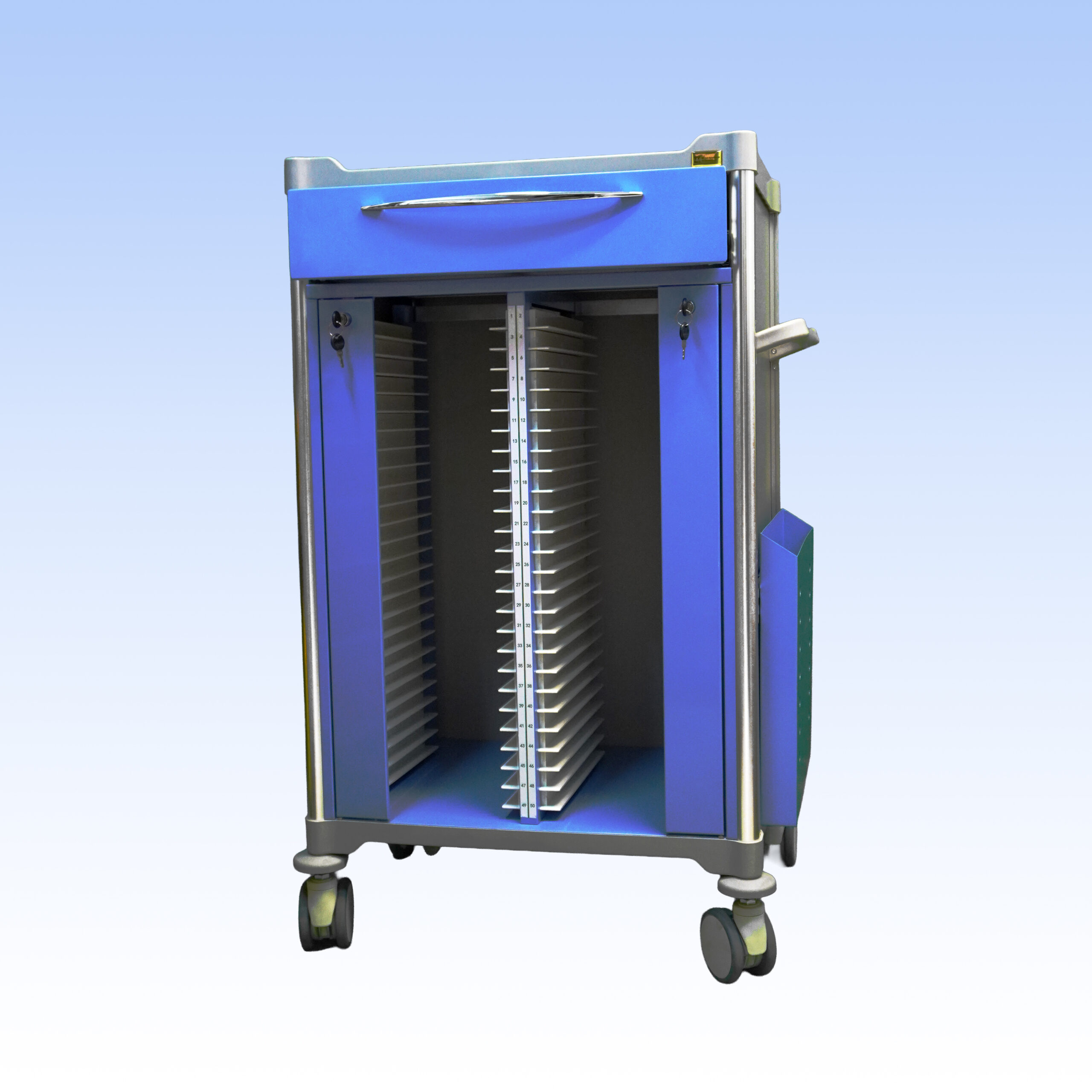 WCS-TR035 Medical Records Trolley with PVC extension table, rubber push handle, and 60-file capacity drawer