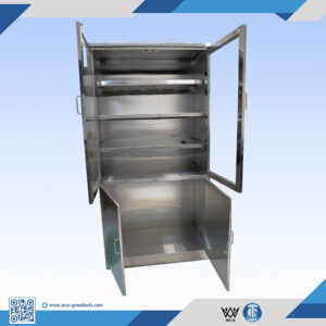 WCS-C012 304 stainless steel medical cabinet with 2 doors, 3 layers, ordinary glass panels, and four 2-inch bearing wheels