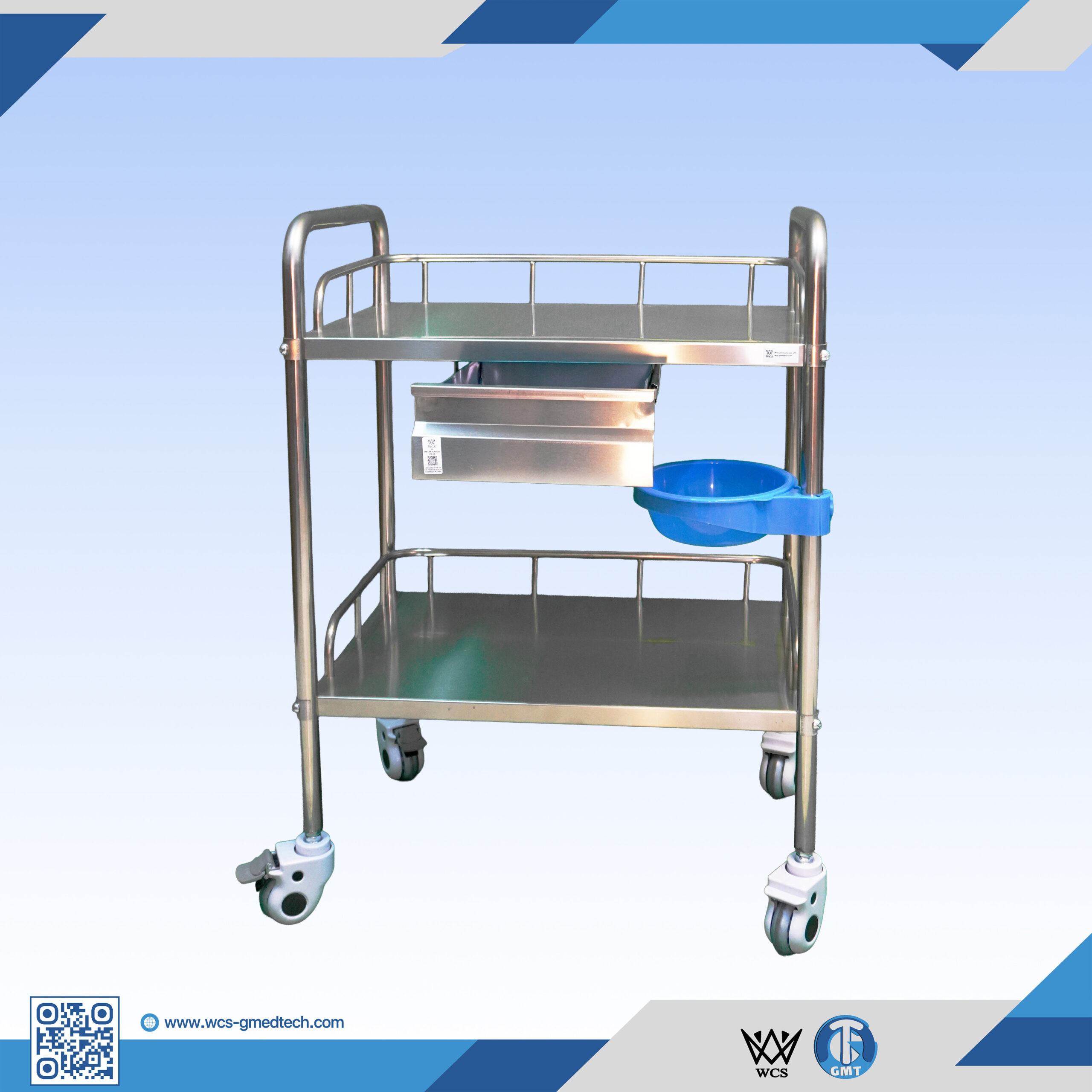 WCS-TR040 two-layer stainless steel medical trolley with small drawer and four 3-inch caster wheels
