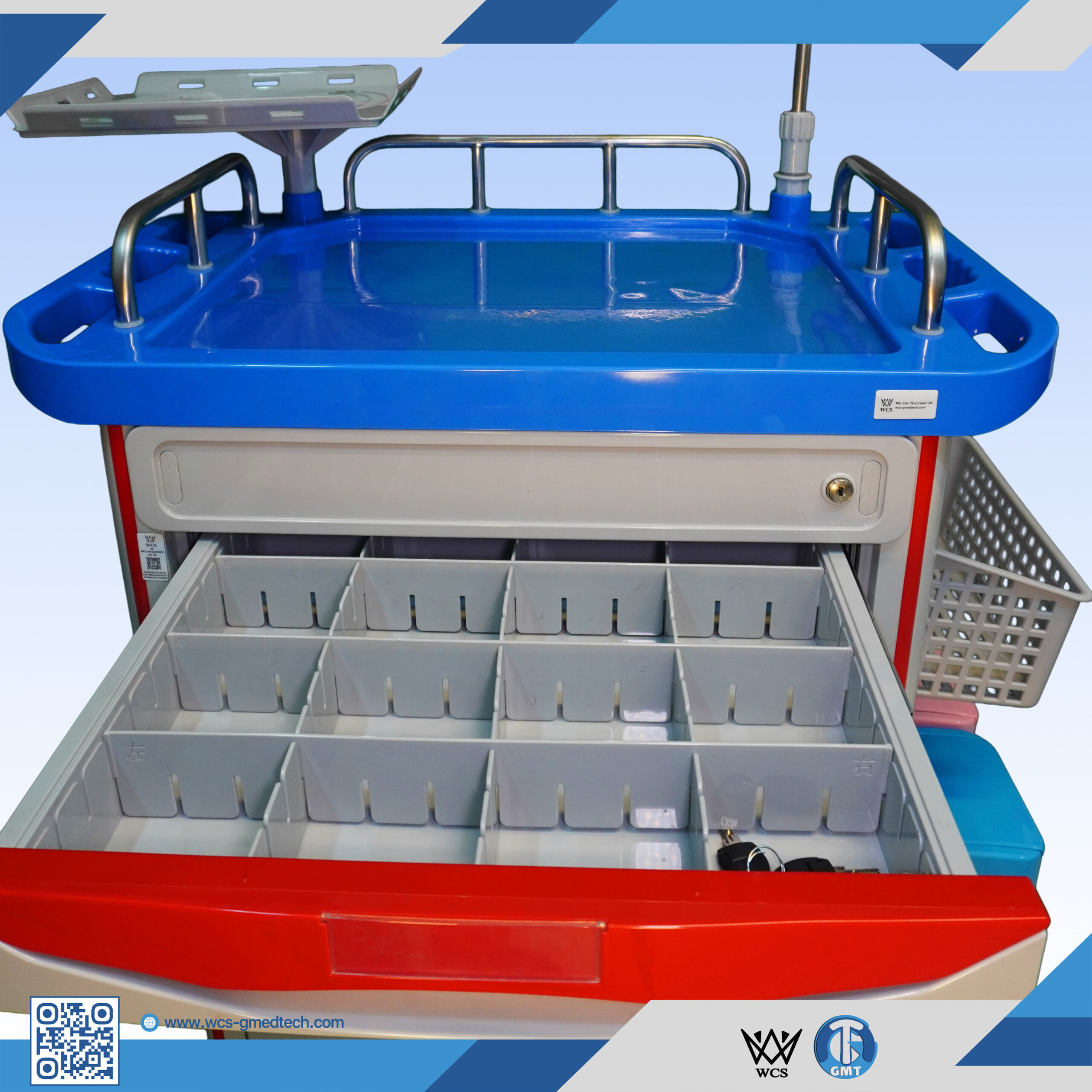 WCS-TR054 Emergency Trolley with ABS molded surface, five drawers, IV stand, oxygen tank holder, and 5-inch wheels