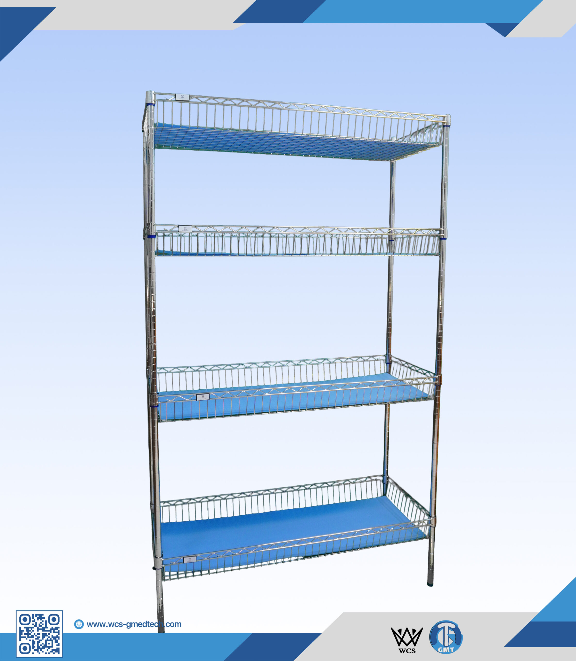 WCS-S017 4-tier heavy duty chrome wire shelf basket measuring 45x90x200 cm with adjustable level feet and 250 kg load capacity