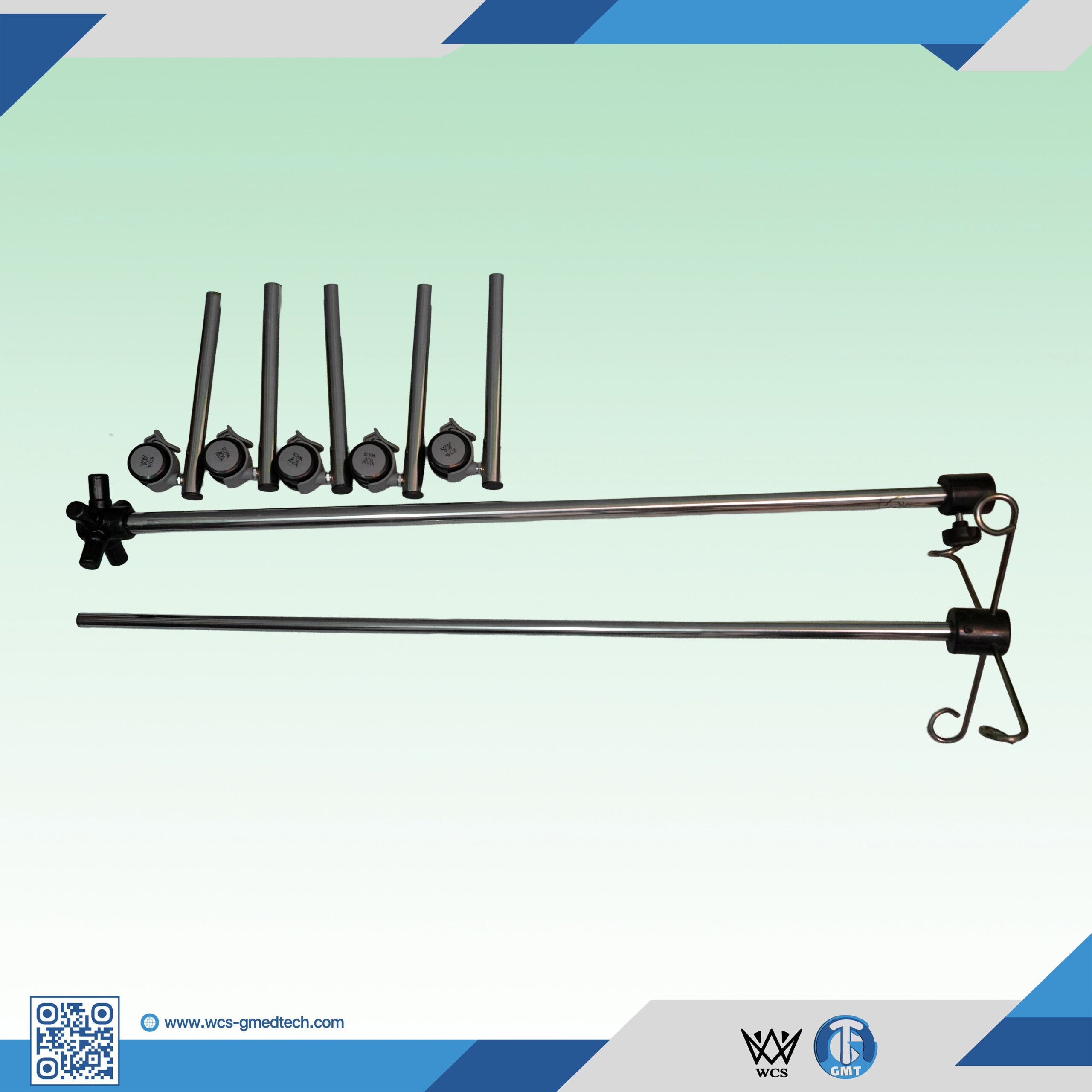 WCS-TR019 I.V Stand Regular featuring a stainless steel frame, four top hooks, and a penta base with five castors for clinical mobility